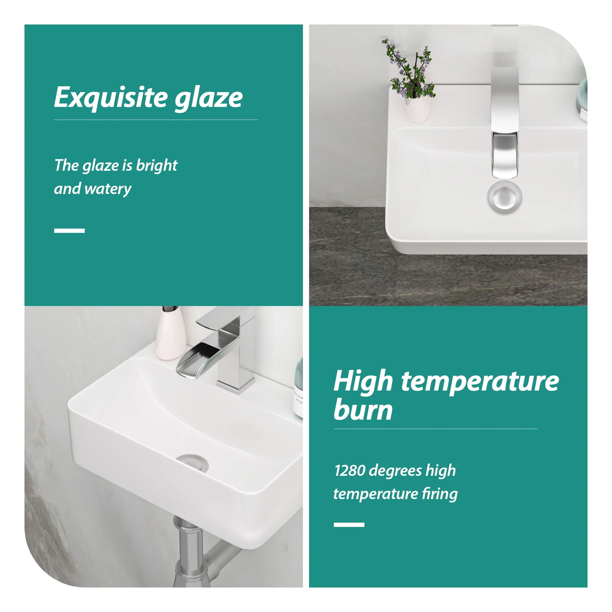 Ceramic Rectangle Wall Mount Bathroom Sink With Single Faucet Hole - Image 6