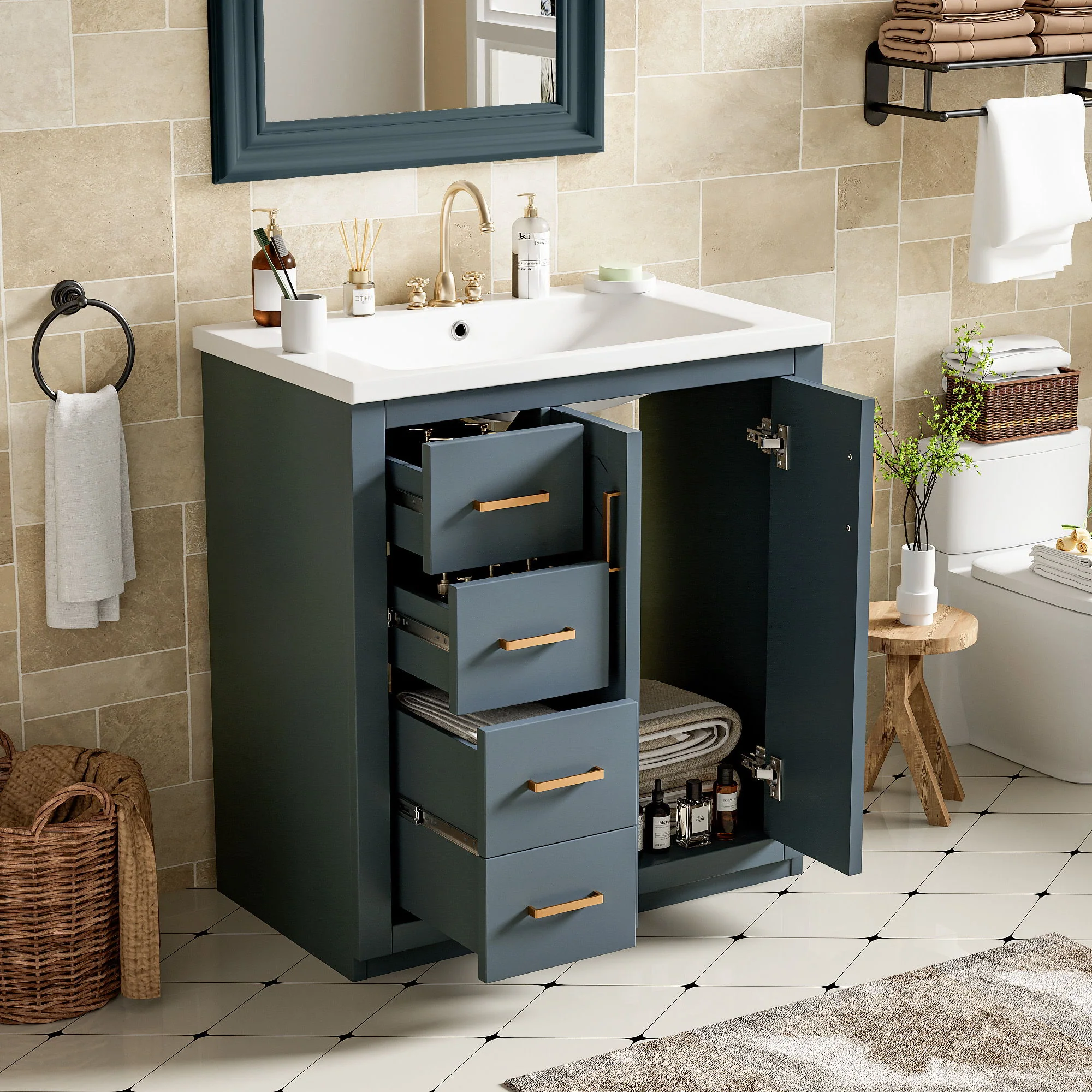 Ceramic Sink Combo, Freestanding Vanity Set With 3 Drawers & Soft Closing Doors - Image 12