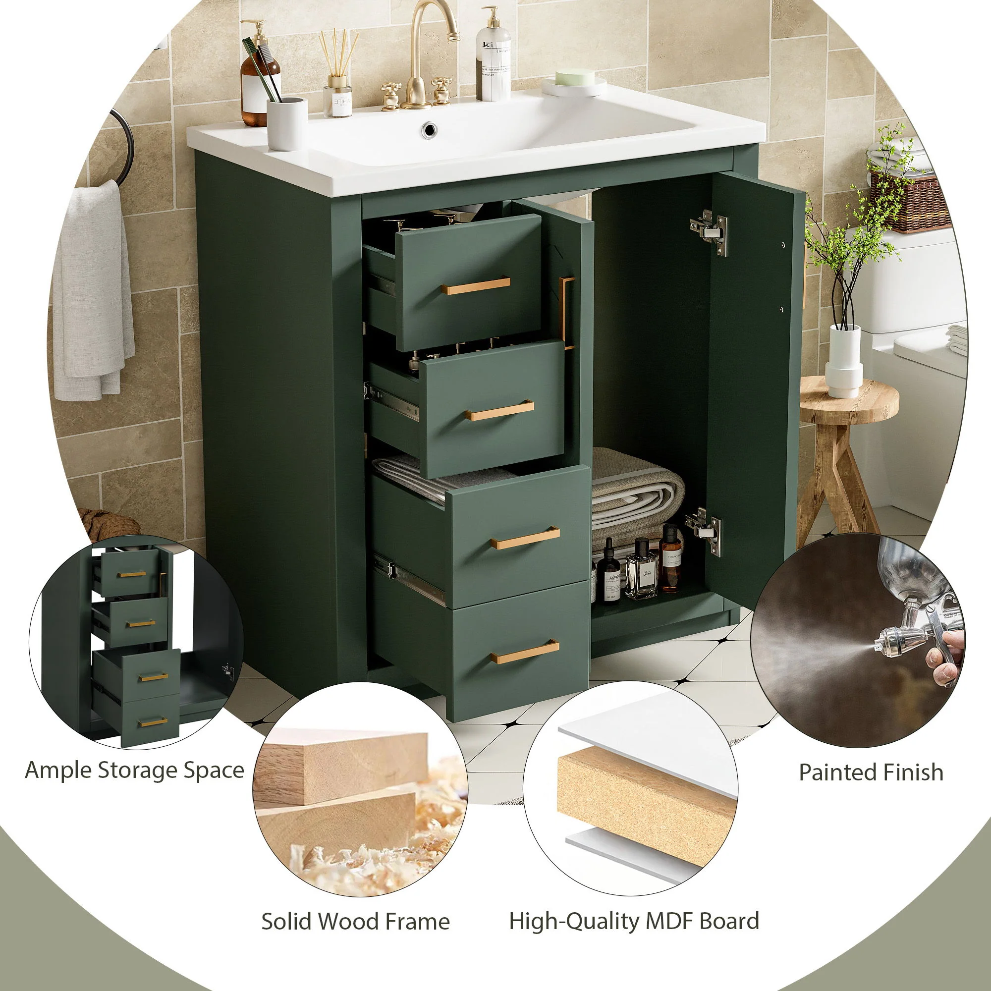 Ceramic Sink Combo, Freestanding Vanity Set With 3 Drawers & Soft Closing Doors - Image 26