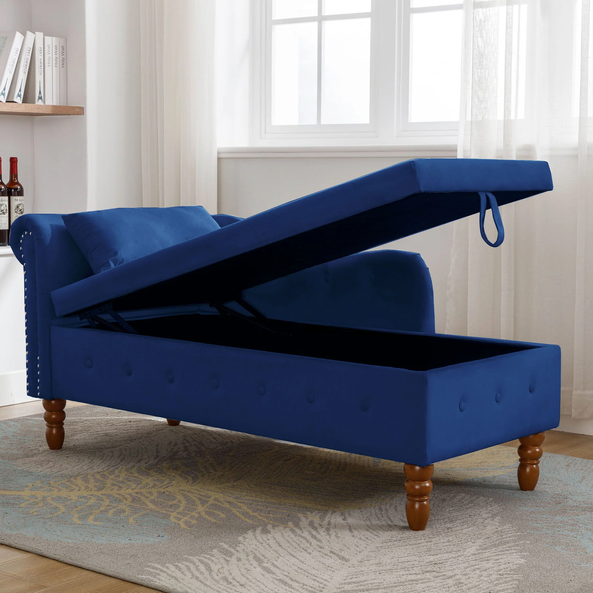 Chaise Lounge Indoor, Lounge Chair For Bedroom With Storage & Pillow, Modern Upholstered Rolled Arm Chase Lounge For Sleeping With Nailhead Trim For Living Room Bedroom Office - Image 10