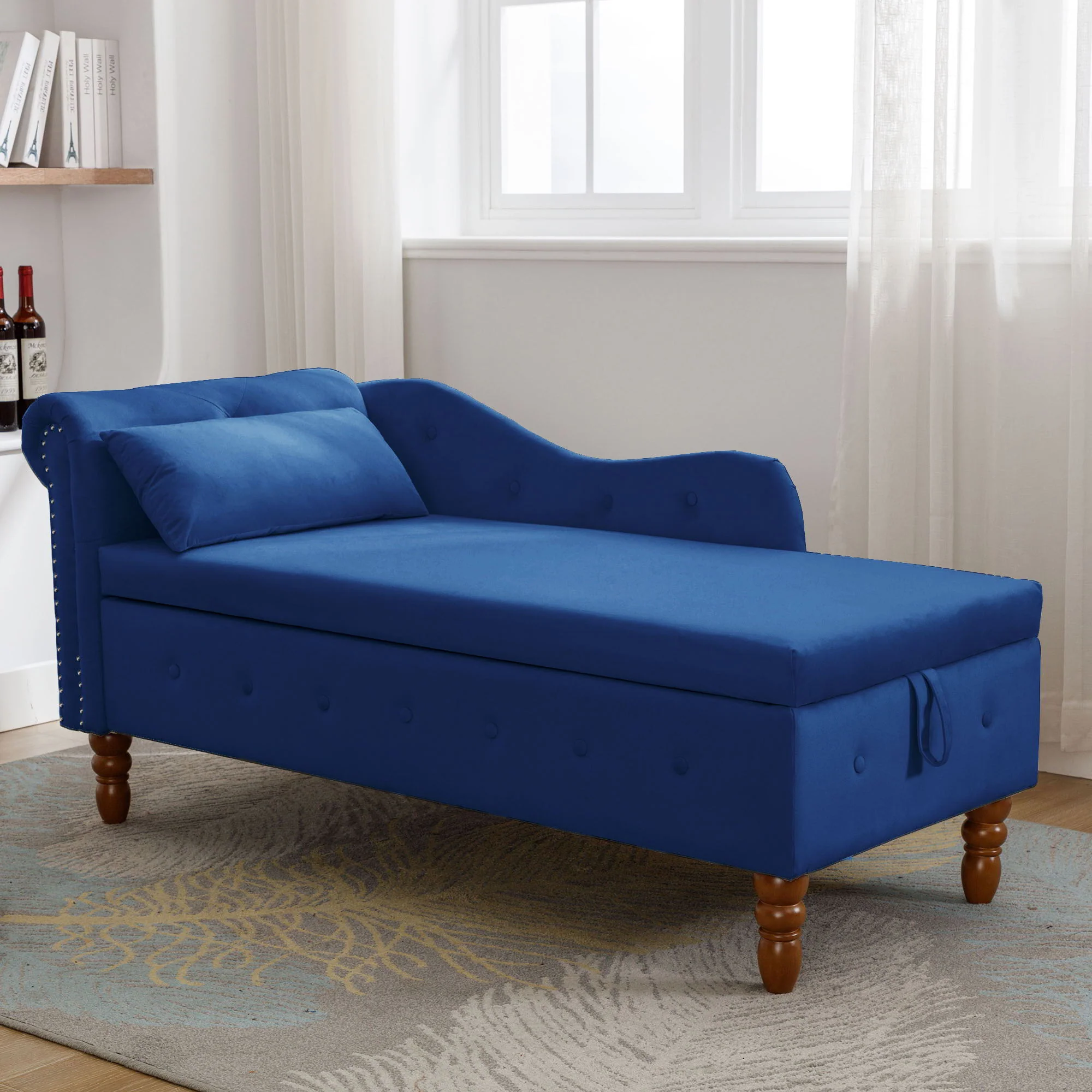 Chaise Lounge Indoor, Lounge Chair For Bedroom With Storage & Pillow, Modern Upholstered Rolled Arm Chase Lounge For Sleeping With Nailhead Trim For Living Room Bedroom Office - Image 12