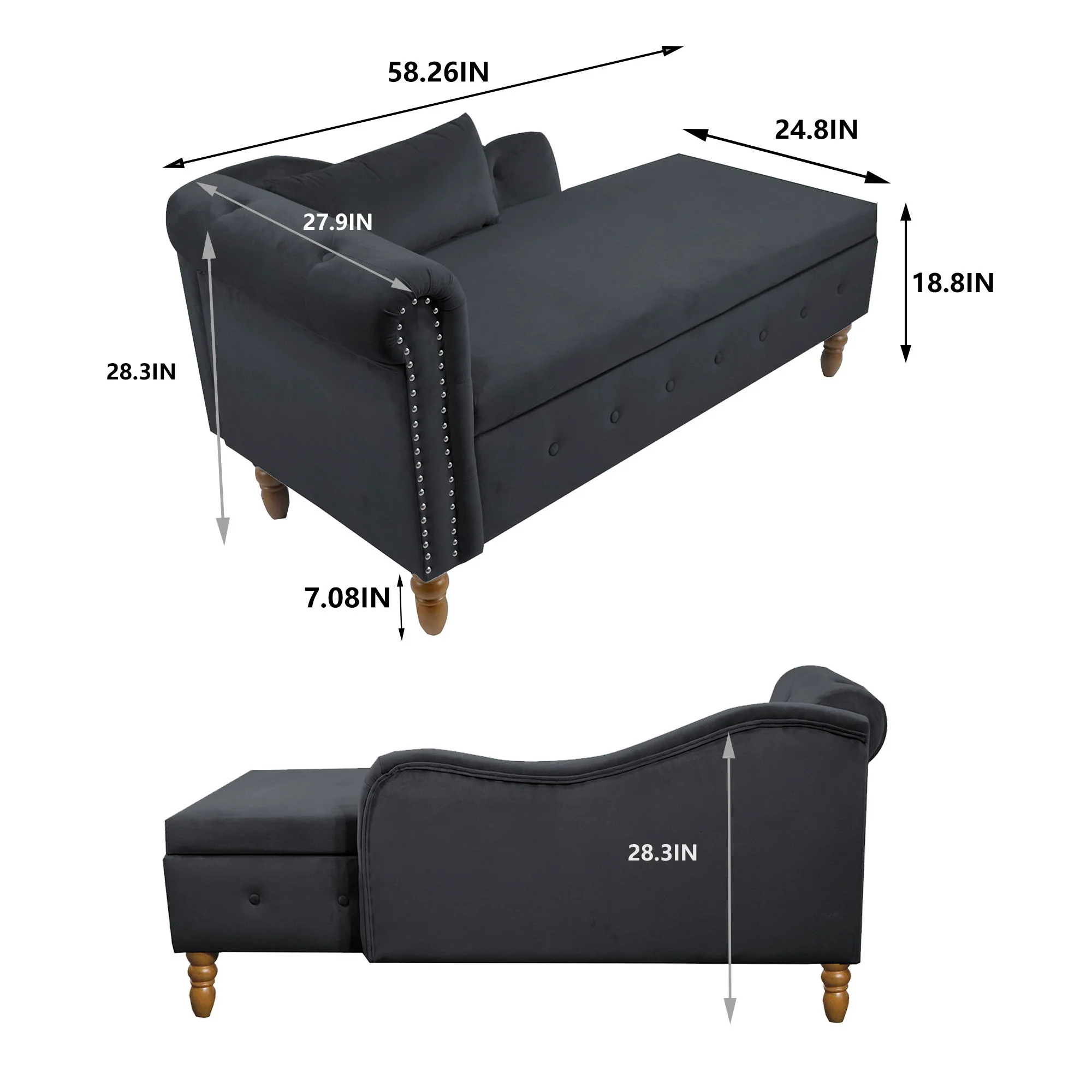 Chaise Lounge Indoor, Lounge Chair For Bedroom With Storage & Pillow, Modern Upholstered Rolled Arm Chase Lounge For Sleeping With Nailhead Trim For Living Room Bedroom Office - Image 13