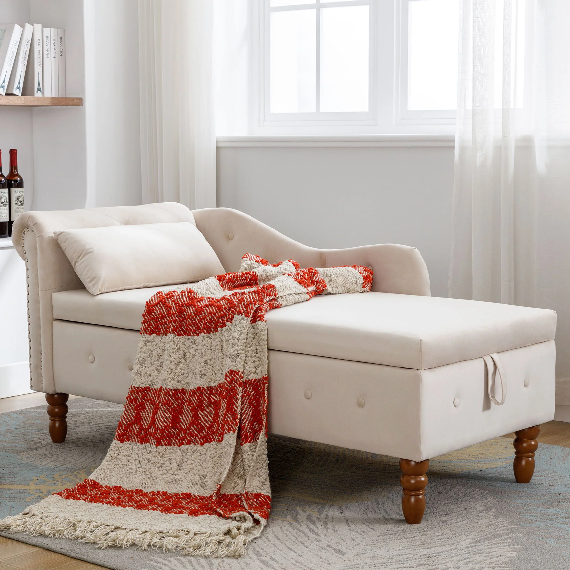 Chaise Lounge Indoor, Lounge Chair For Bedroom With Storage & Pillow, Modern Upholstered Rolled Arm Chase Lounge For Sleeping With Nailhead Trim For Living Room Bedroom Office - Image 14