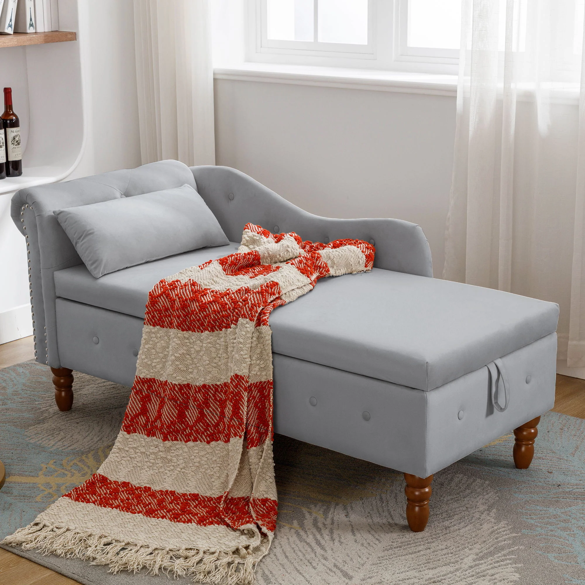 Chaise Lounge Indoor, Lounge Chair For Bedroom With Storage & Pillow, Modern Upholstered Rolled Arm Chase Lounge For Sleeping With Nailhead Trim For Living Room Bedroom Office - Image 15