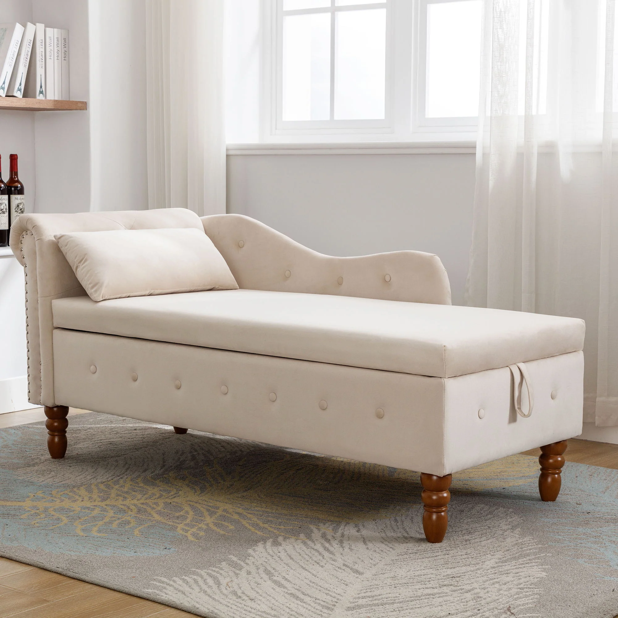 Chaise Lounge Indoor, Lounge Chair For Bedroom With Storage & Pillow, Modern Upholstered Rolled Arm Chase Lounge For Sleeping With Nailhead Trim For Living Room Bedroom Office - Image 16