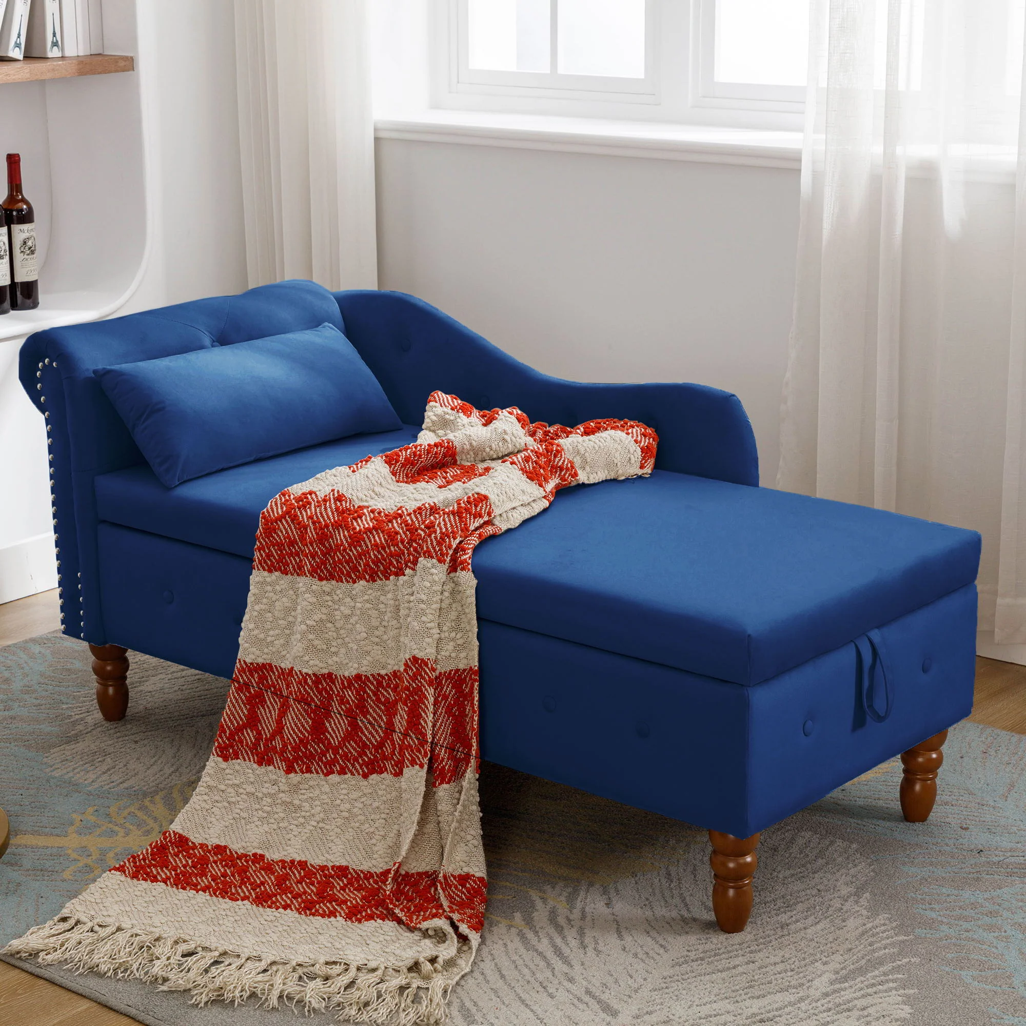 Chaise Lounge Indoor, Lounge Chair For Bedroom With Storage & Pillow, Modern Upholstered Rolled Arm Chase Lounge For Sleeping With Nailhead Trim For Living Room Bedroom Office - Image 18