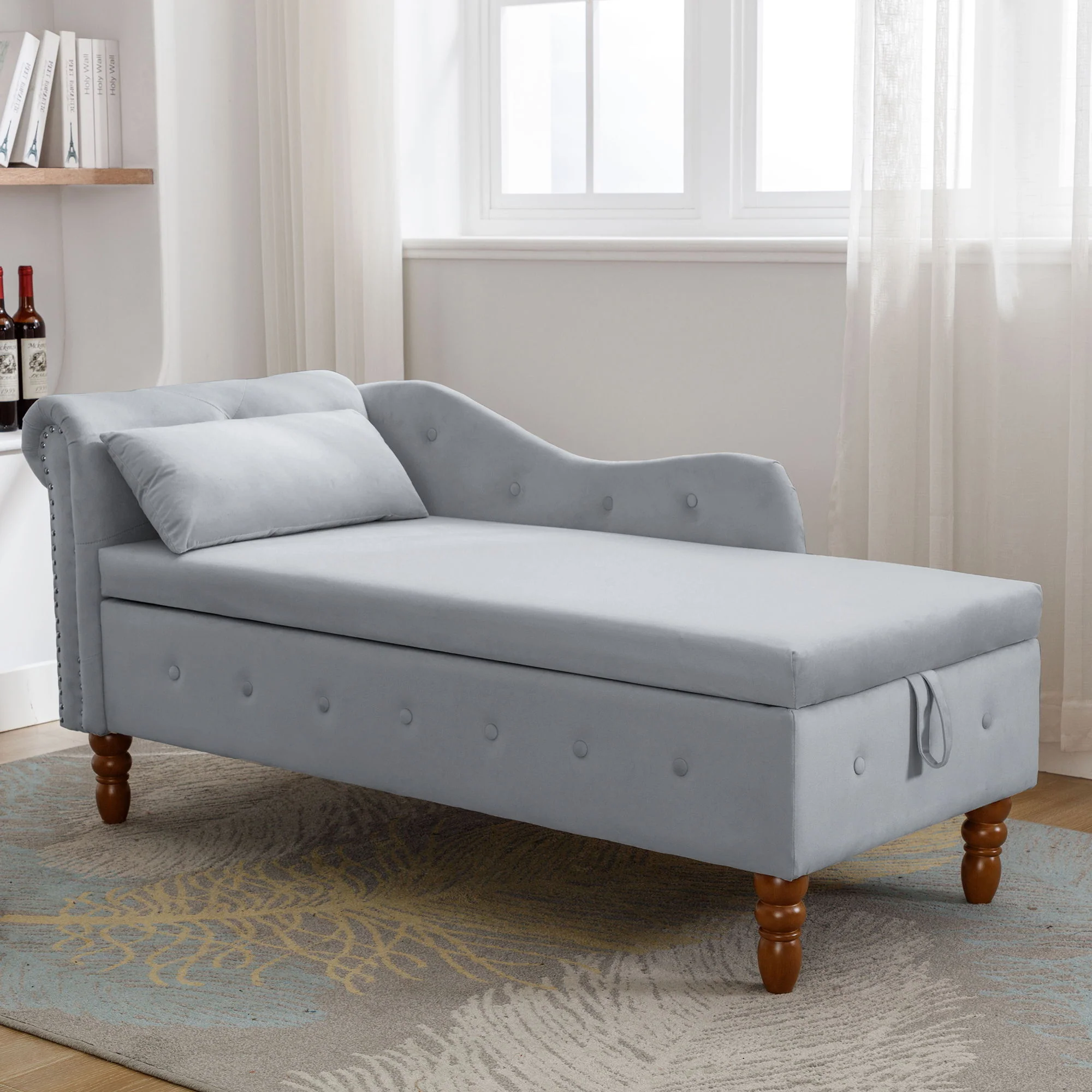 Chaise Lounge Indoor, Lounge Chair For Bedroom With Storage & Pillow, Modern Upholstered Rolled Arm Chase Lounge For Sleeping With Nailhead Trim For Living Room Bedroom Office - Image 19