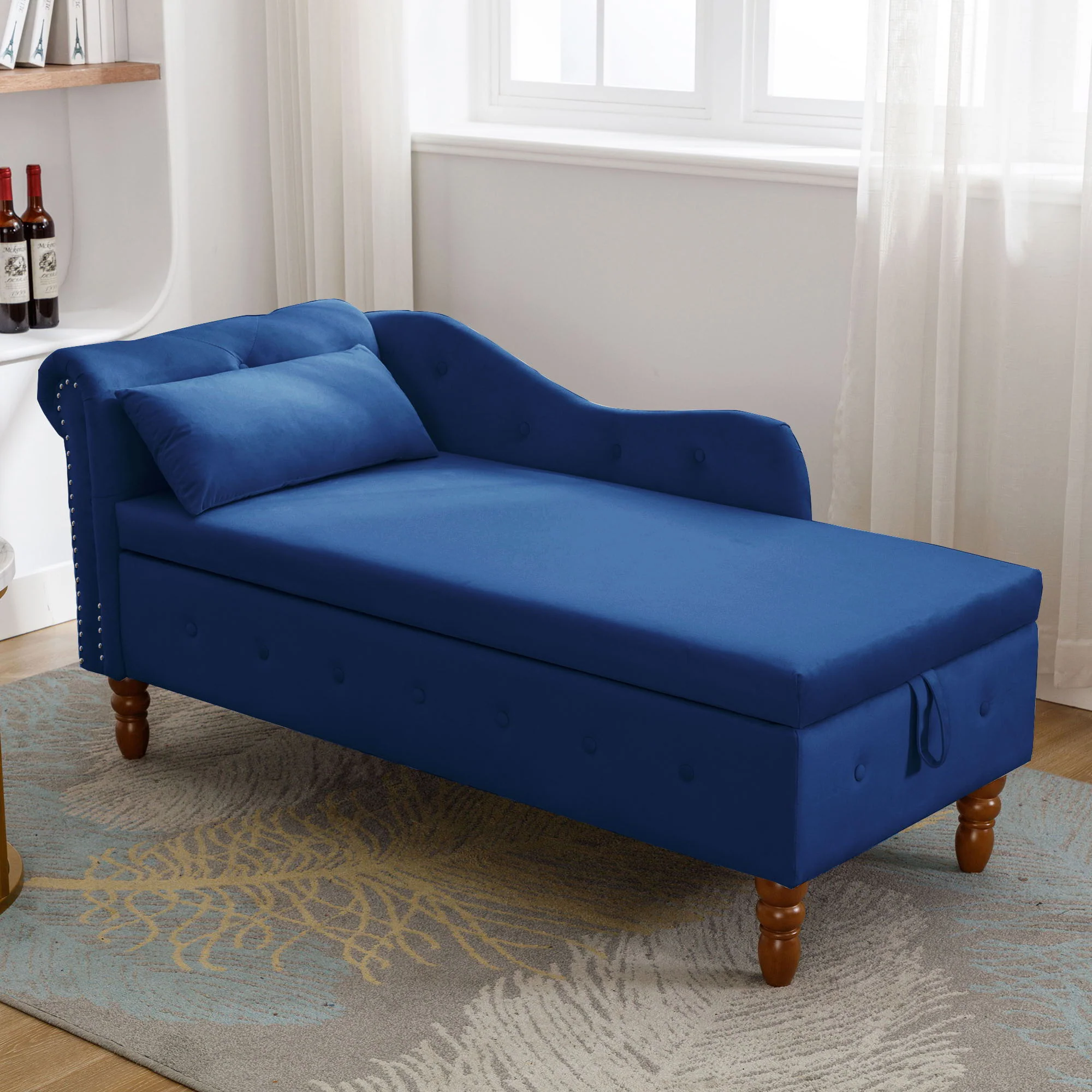 Chaise Lounge Indoor, Lounge Chair For Bedroom With Storage & Pillow, Modern Upholstered Rolled Arm Chase Lounge For Sleeping With Nailhead Trim For Living Room Bedroom Office - Image 21