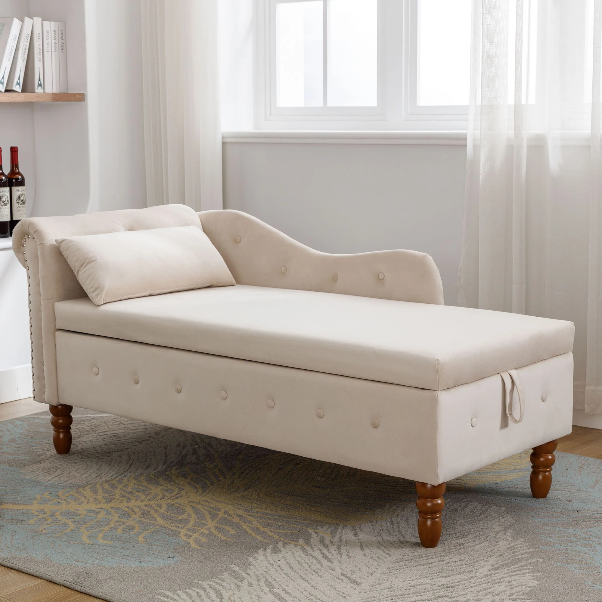 Chaise Lounge Indoor, Lounge Chair For Bedroom With Storage & Pillow, Modern Upholstered Rolled Arm Chase Lounge For Sleeping With Nailhead Trim For Living Room Bedroom Office - Image 22