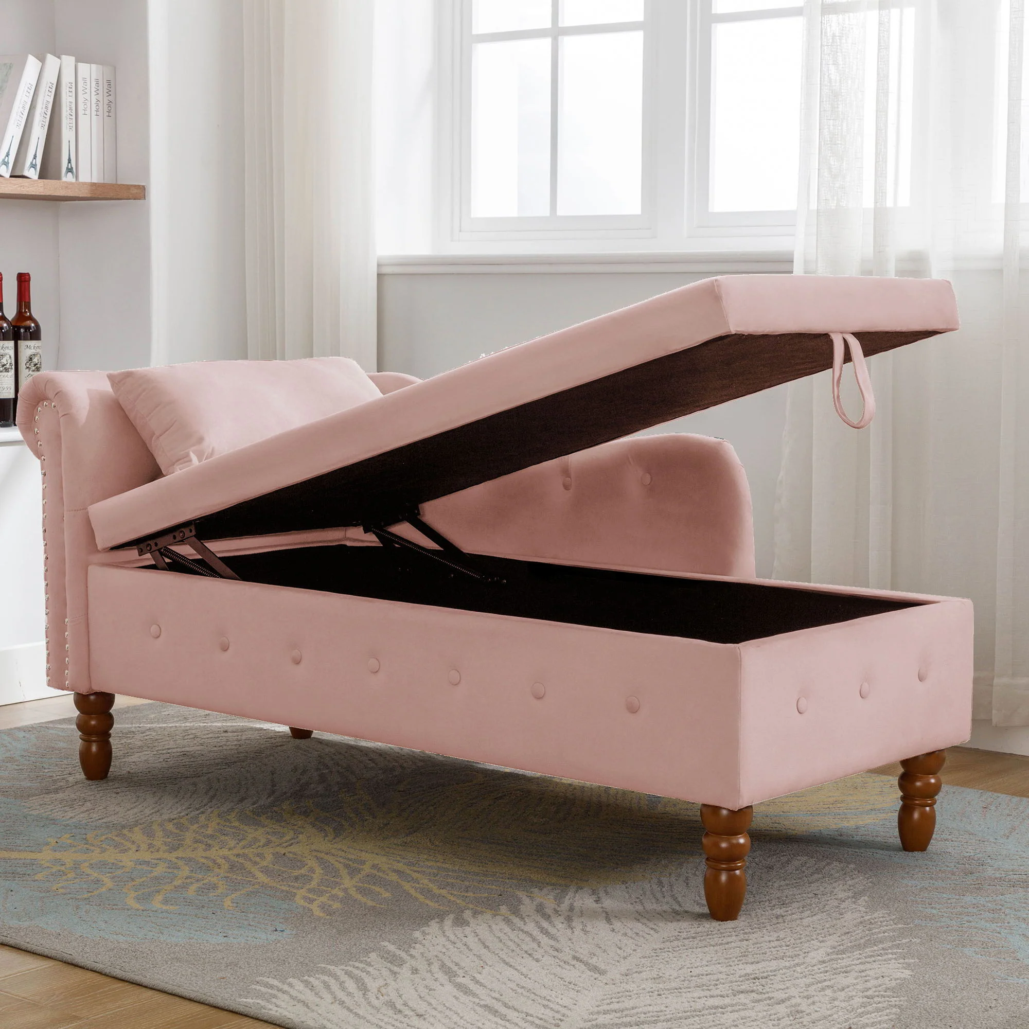 Chaise Lounge Indoor, Lounge Chair For Bedroom With Storage & Pillow, Modern Upholstered Rolled Arm Chase Lounge For Sleeping With Nailhead Trim For Living Room Bedroom Office - Image 25