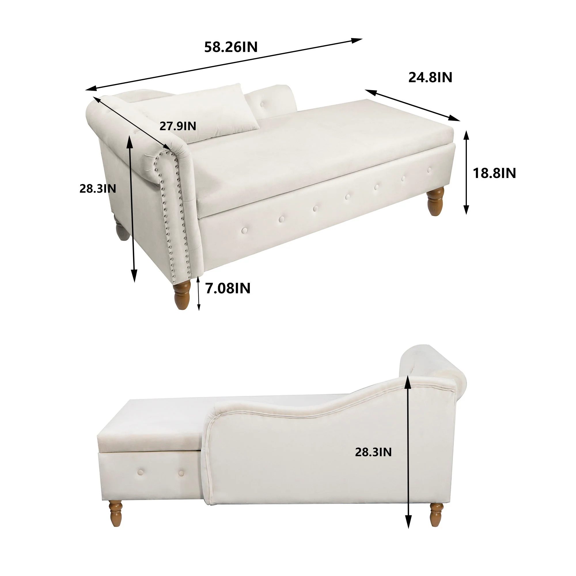 Chaise Lounge Indoor, Lounge Chair For Bedroom With Storage & Pillow, Modern Upholstered Rolled Arm Chase Lounge For Sleeping With Nailhead Trim For Living Room Bedroom Office - Image 27