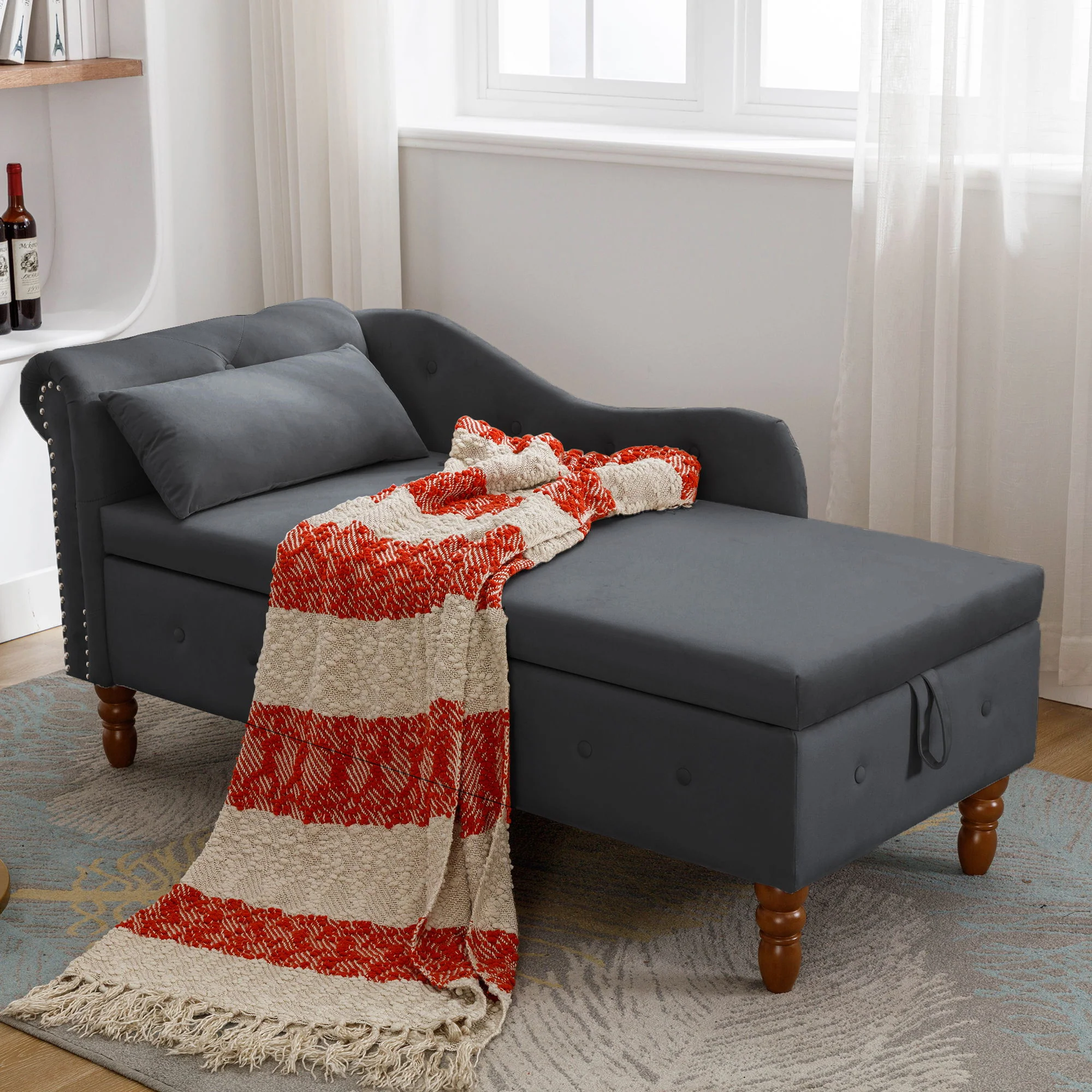 Chaise Lounge Indoor, Lounge Chair For Bedroom With Storage & Pillow, Modern Upholstered Rolled Arm Chase Lounge For Sleeping With Nailhead Trim For Living Room Bedroom Office - Image 31