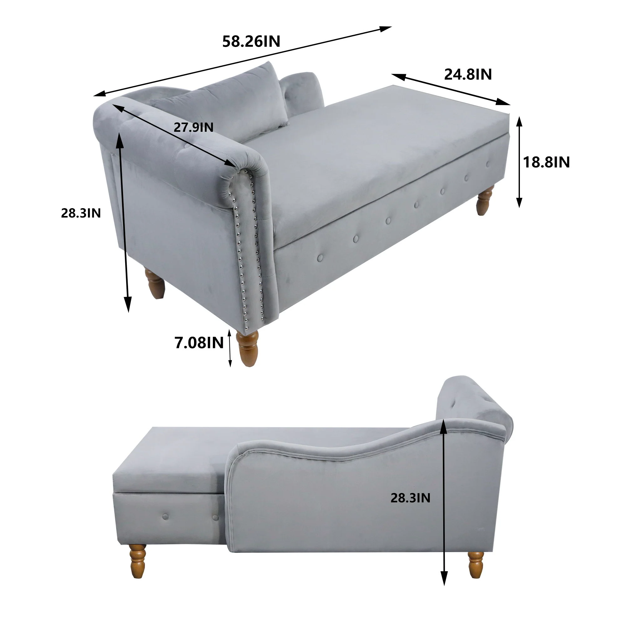Chaise Lounge Indoor, Lounge Chair For Bedroom With Storage & Pillow, Modern Upholstered Rolled Arm Chase Lounge For Sleeping With Nailhead Trim For Living Room Bedroom Office - Image 32