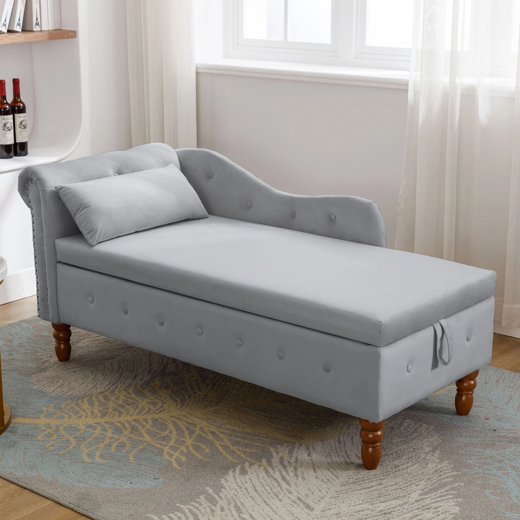 Chaise Lounge Indoor, Lounge Chair For Bedroom With Storage & Pillow, Modern Upholstered Rolled Arm Chase Lounge For Sleeping With Nailhead Trim For Living Room Bedroom Office - Image 33