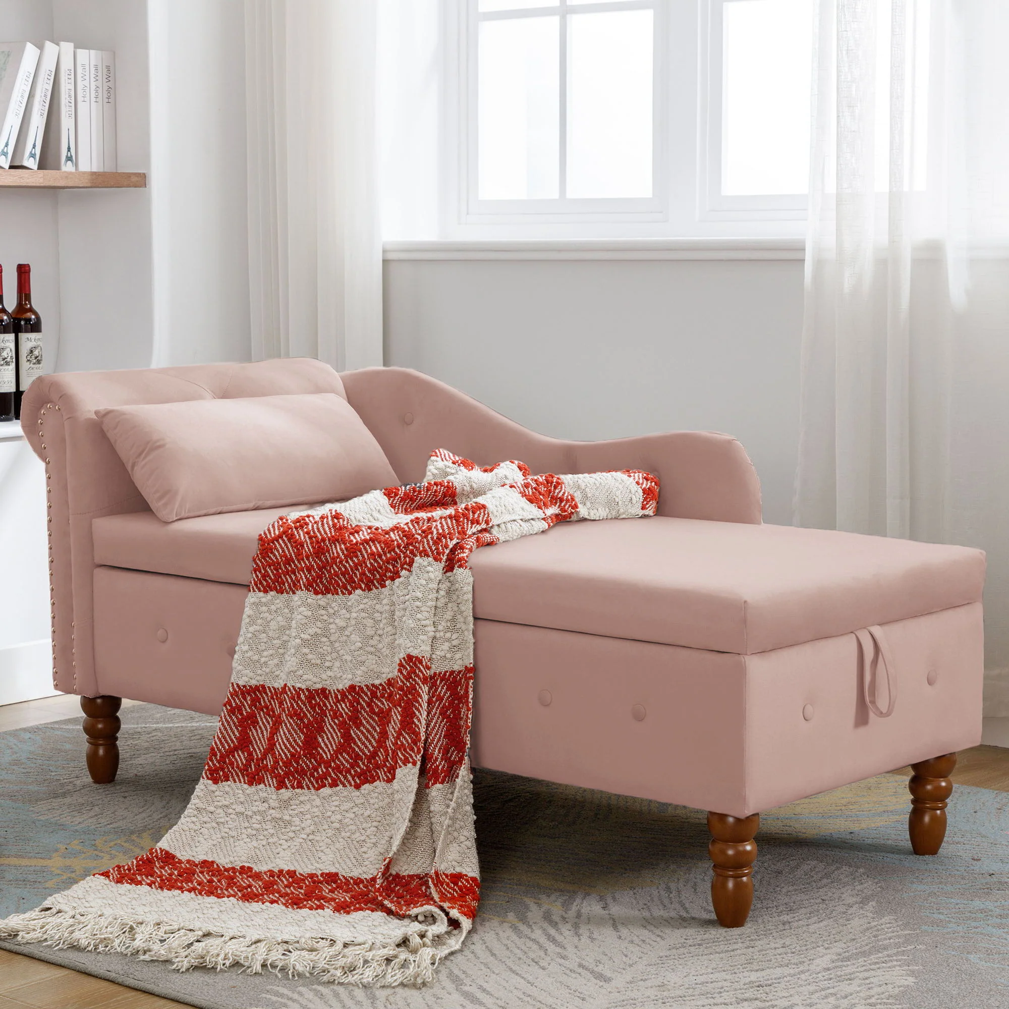 Chaise Lounge Indoor, Lounge Chair For Bedroom With Storage & Pillow, Modern Upholstered Rolled Arm Chase Lounge For Sleeping With Nailhead Trim For Living Room Bedroom Office - Image 34