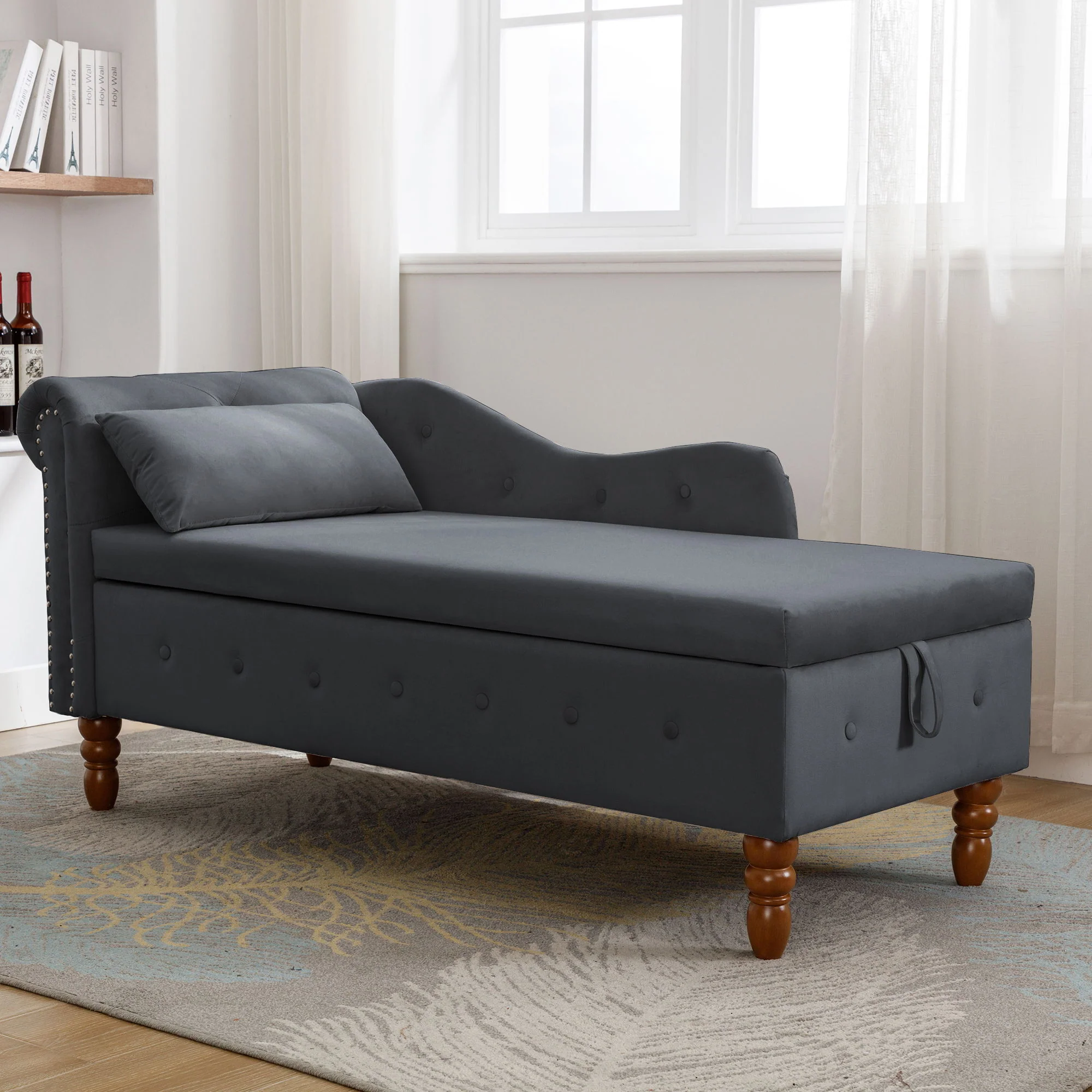 Chaise Lounge Indoor, Lounge Chair For Bedroom With Storage & Pillow, Modern Upholstered Rolled Arm Chase Lounge For Sleeping With Nailhead Trim For Living Room Bedroom Office - Image 38