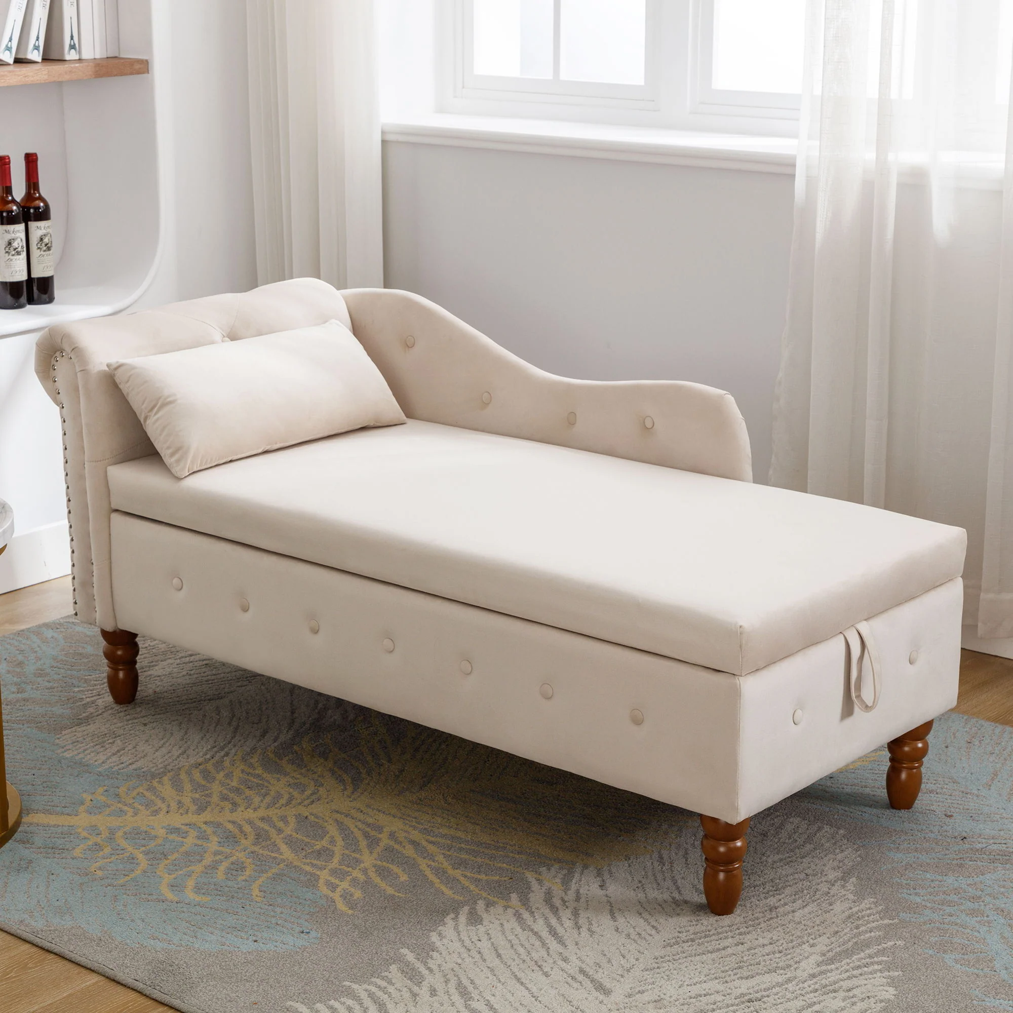 Chaise Lounge Indoor, Lounge Chair For Bedroom With Storage & Pillow, Modern Upholstered Rolled Arm Chase Lounge For Sleeping With Nailhead Trim For Living Room Bedroom Office - Image 39