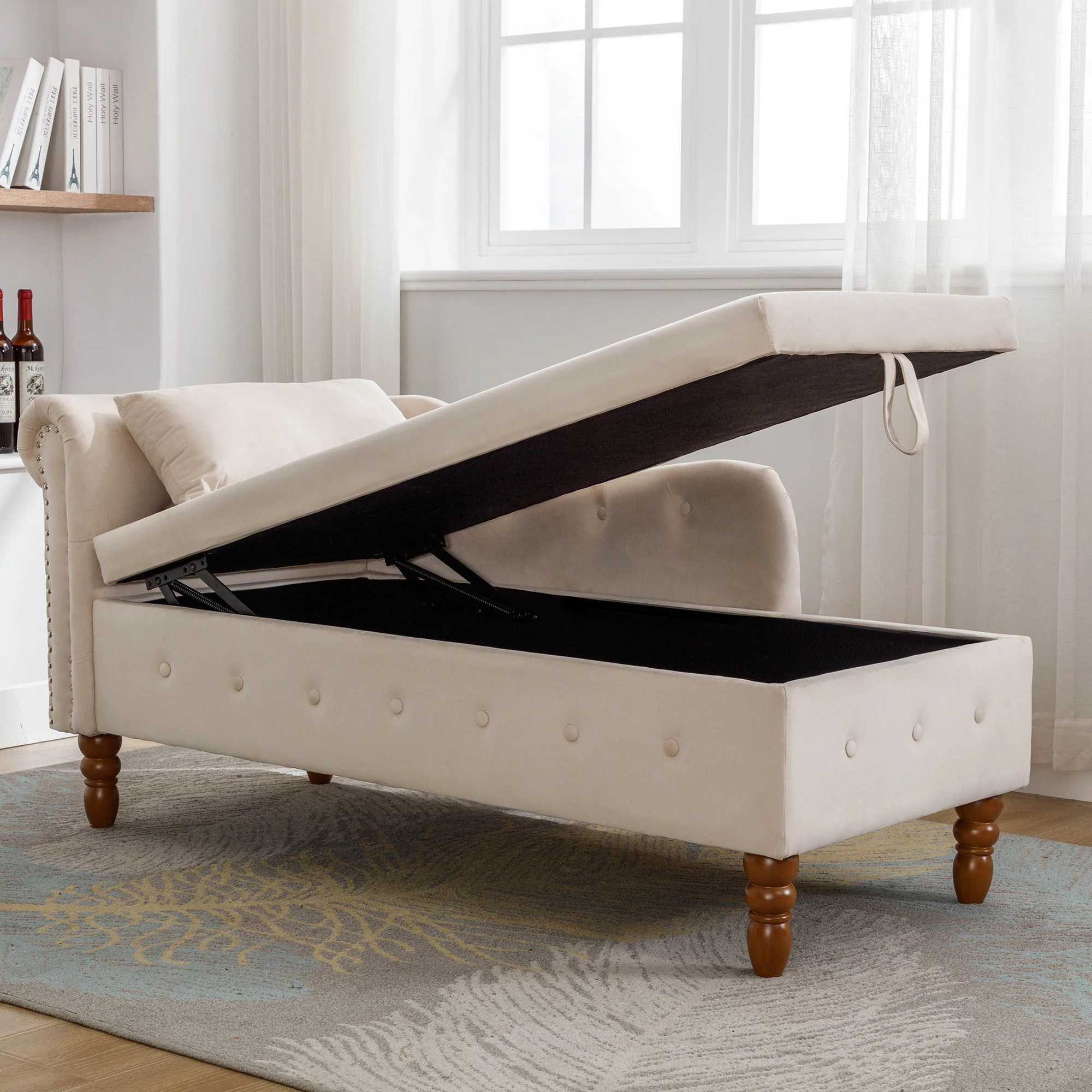 Chaise Lounge Indoor, Lounge Chair For Bedroom With Storage & Pillow, Modern Upholstered Rolled Arm Chase Lounge For Sleeping With Nailhead Trim For Living Room Bedroom Office - Image 40