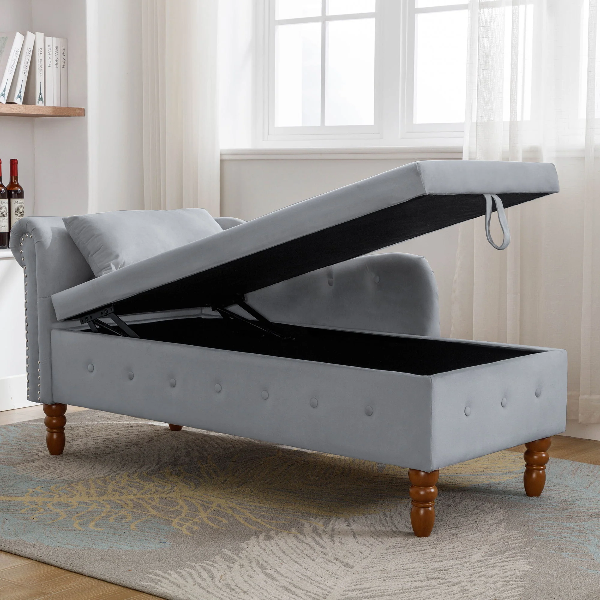 Chaise Lounge Indoor, Lounge Chair For Bedroom With Storage & Pillow, Modern Upholstered Rolled Arm Chase Lounge For Sleeping With Nailhead Trim For Living Room Bedroom Office - Image 42