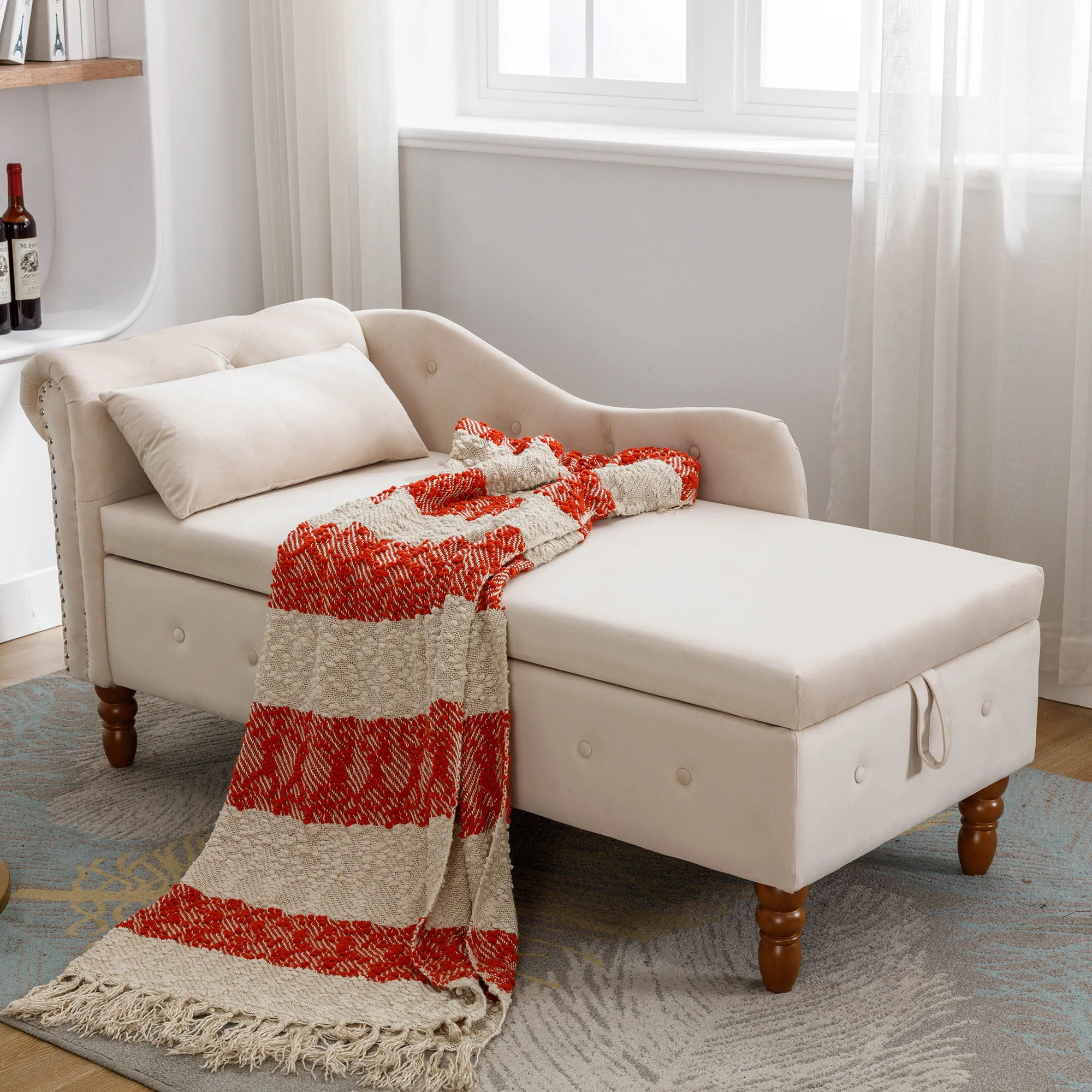 Chaise Lounge Indoor, Lounge Chair For Bedroom With Storage & Pillow, Modern Upholstered Rolled Arm Chase Lounge For Sleeping With Nailhead Trim For Living Room Bedroom Office - Image 43