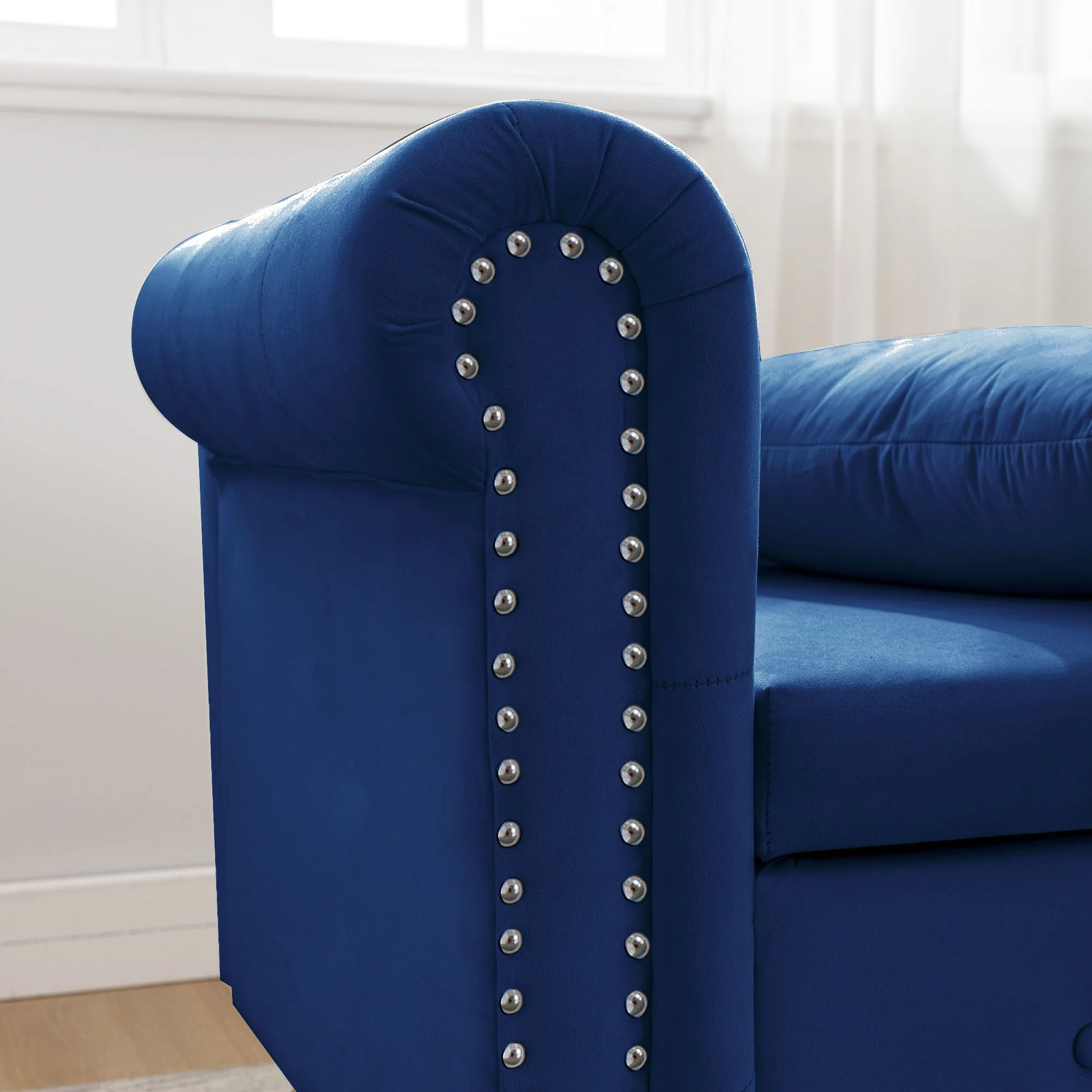 Chaise Lounge Indoor, Lounge Chair For Bedroom With Storage & Pillow, Modern Upholstered Rolled Arm Chase Lounge For Sleeping With Nailhead Trim For Living Room Bedroom Office - Image 6