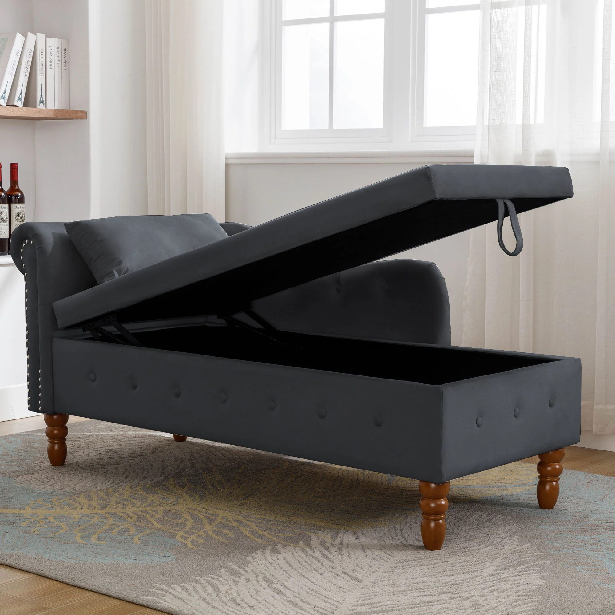 Chaise Lounge Indoor, Lounge Chair For Bedroom With Storage & Pillow, Modern Upholstered Rolled Arm Chase Lounge For Sleeping With Nailhead Trim For Living Room Bedroom Office - Image 8