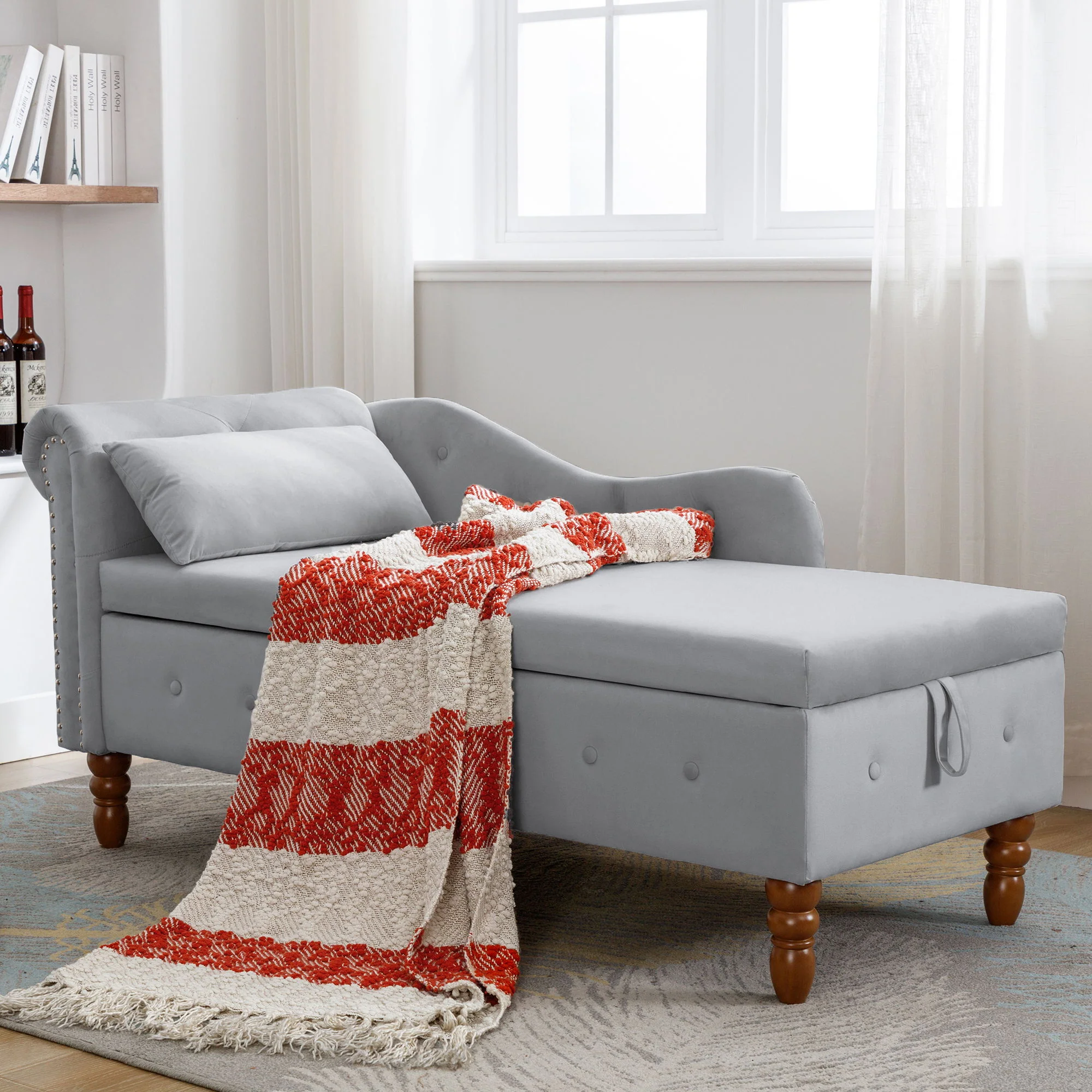 Chaise Lounge Indoor, Lounge Chair For Bedroom With Storage & Pillow, Modern Upholstered Rolled Arm Chase Lounge For Sleeping With Nailhead Trim For Living Room Bedroom Office - Image 9