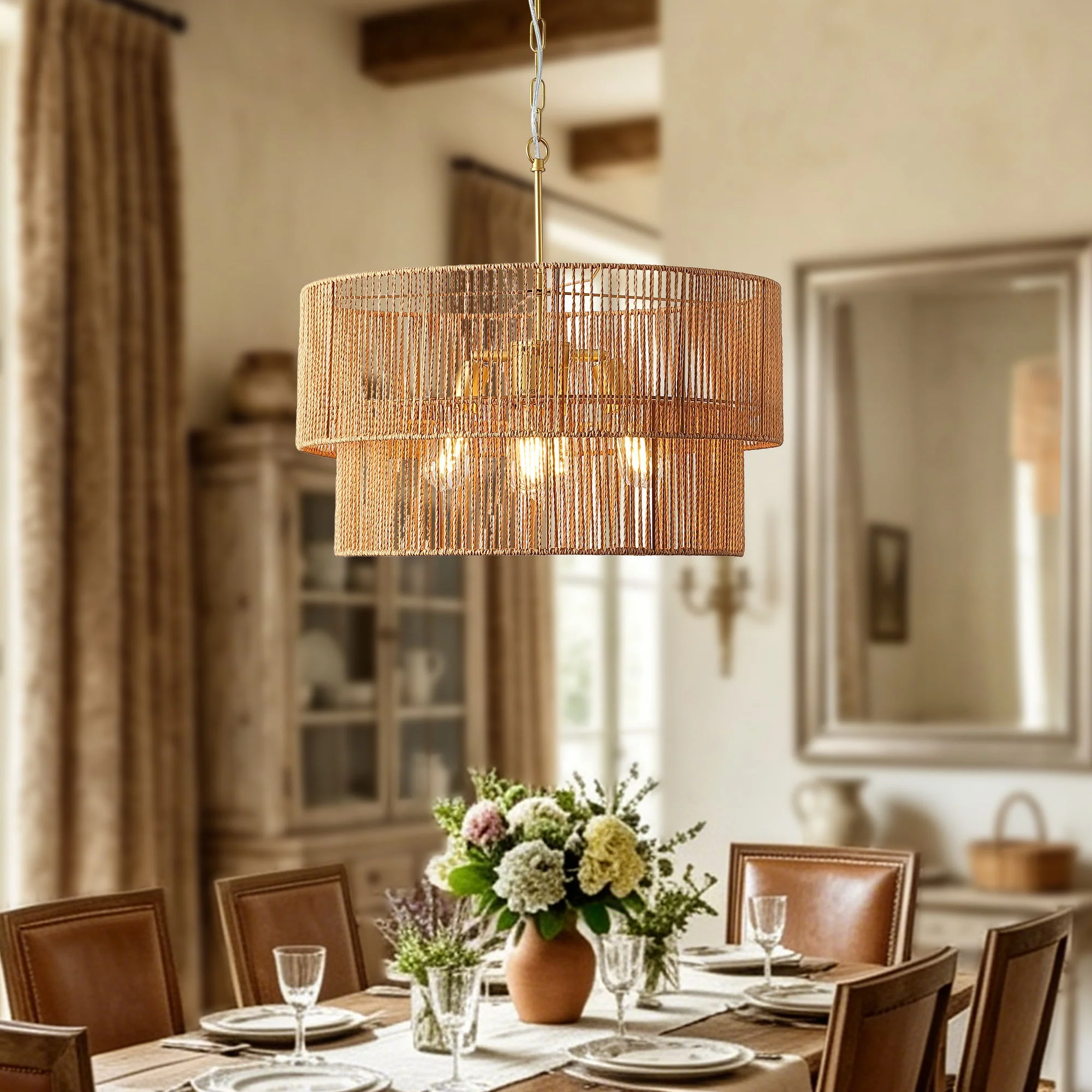 Chandelier, 2 Tier Boho Wabi Sabi Pendant Light, Hanging Ceiling Lamp - Gold - Image 7