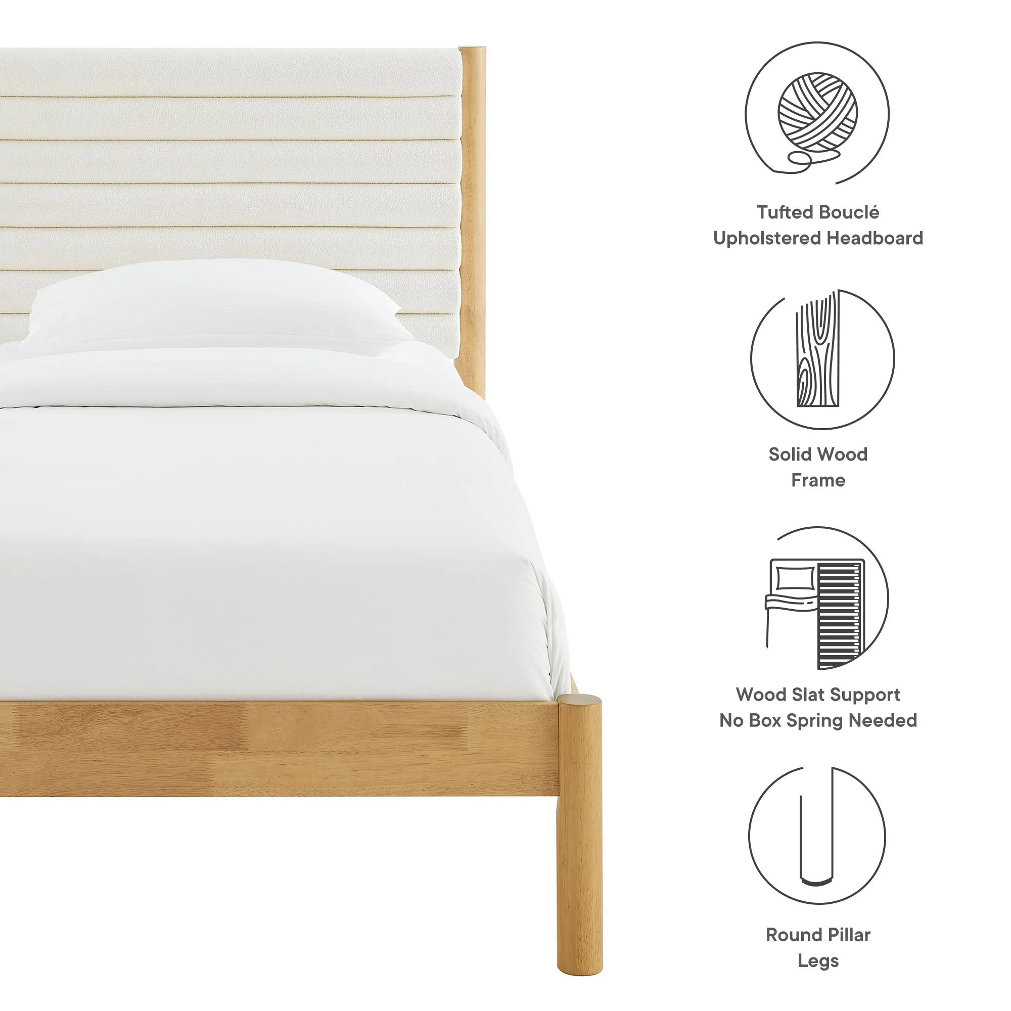 Channel Tufted Boucle Platform Bed with Solid Wood Frame - Image 2