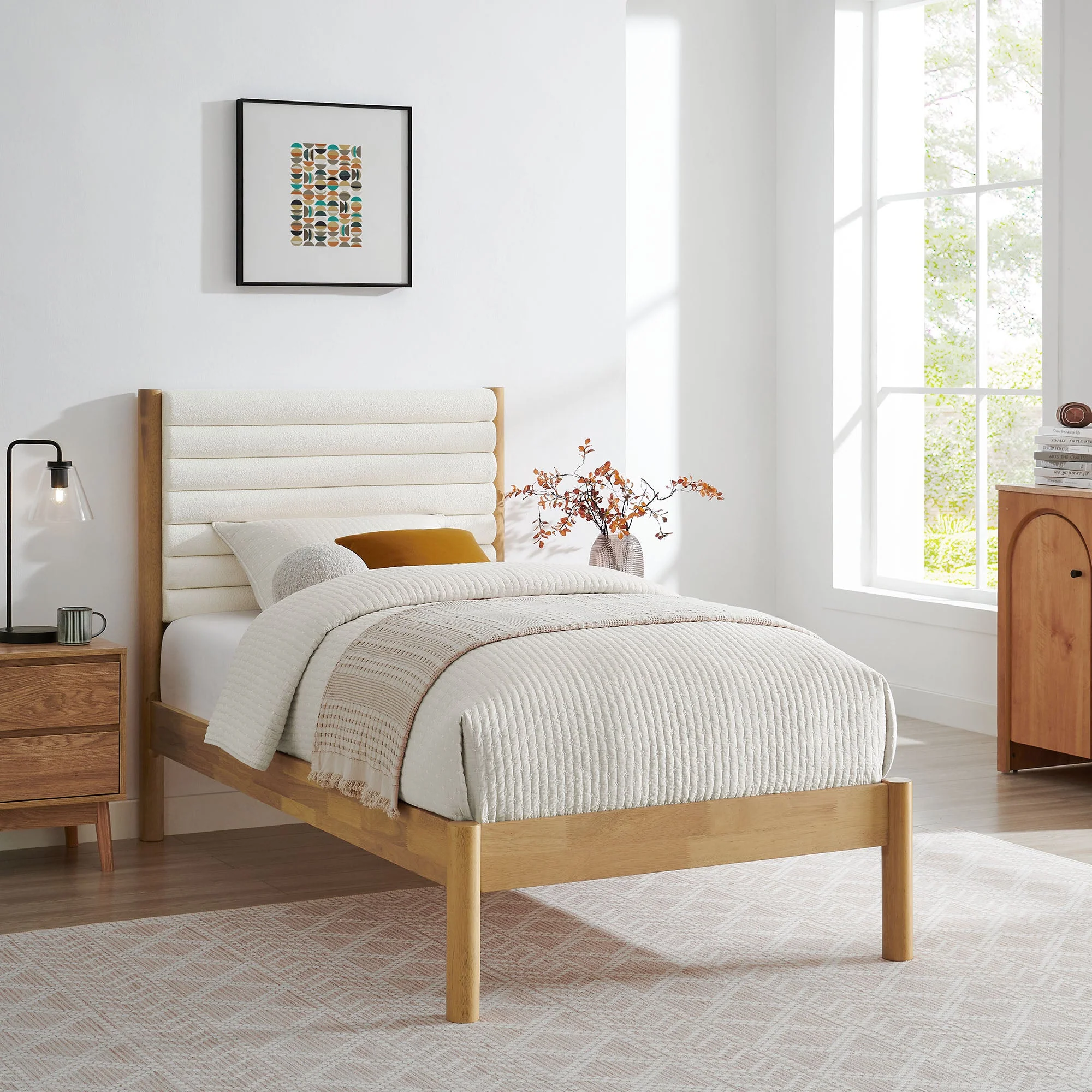 Channel Tufted Boucle Platform Bed with Solid Wood Frame - Image 6