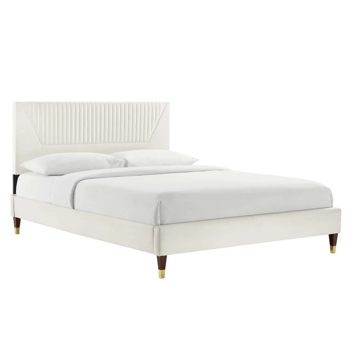 Channel Tufted Performance Velvet Platform Bed with Gold Detailed Legs