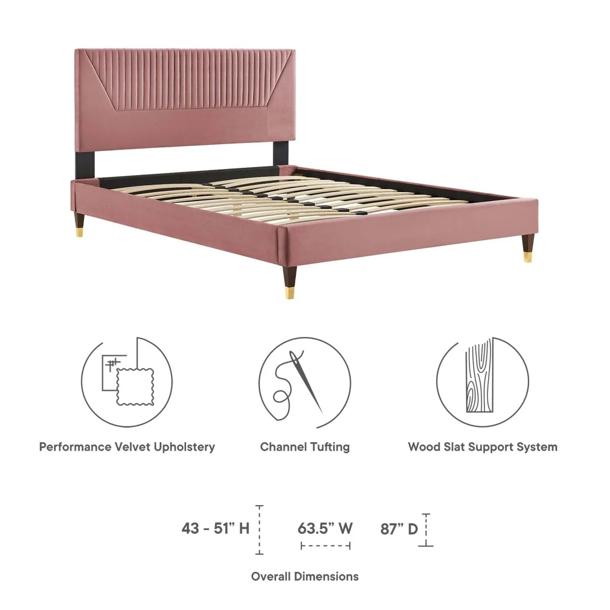 Channel Tufted Performance Velvet Platform Bed with Gold Detailed Legs - Image 12