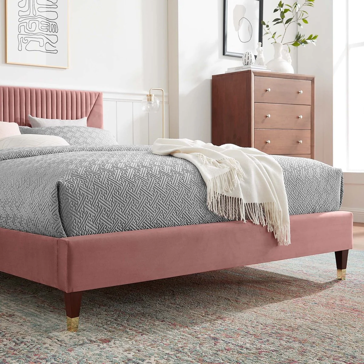 Channel Tufted Performance Velvet Platform Bed with Gold Detailed Legs - Image 13