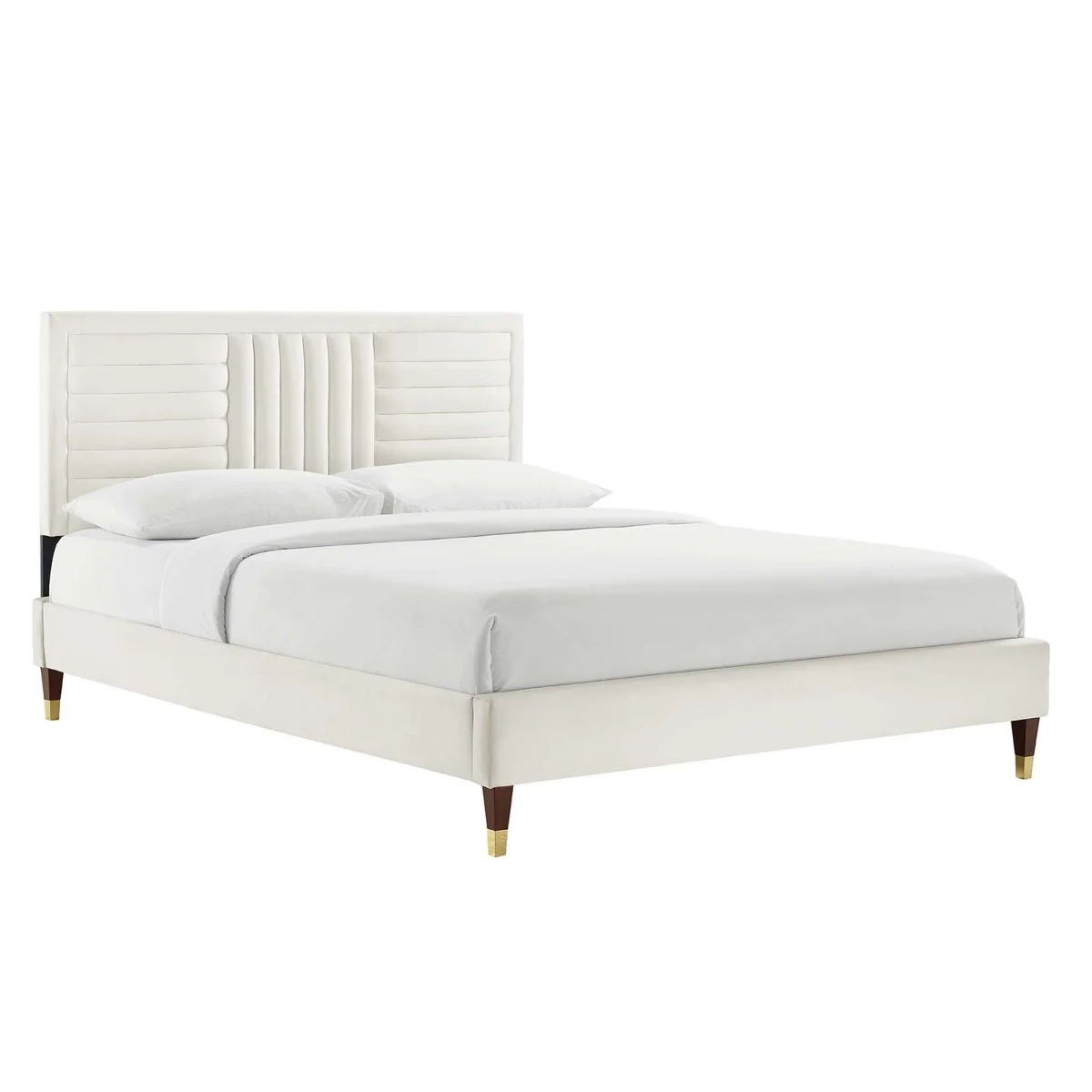 Channel Tufted Performance Velvet Platform Bed with Gold Detailed Wood Legs - Image 11