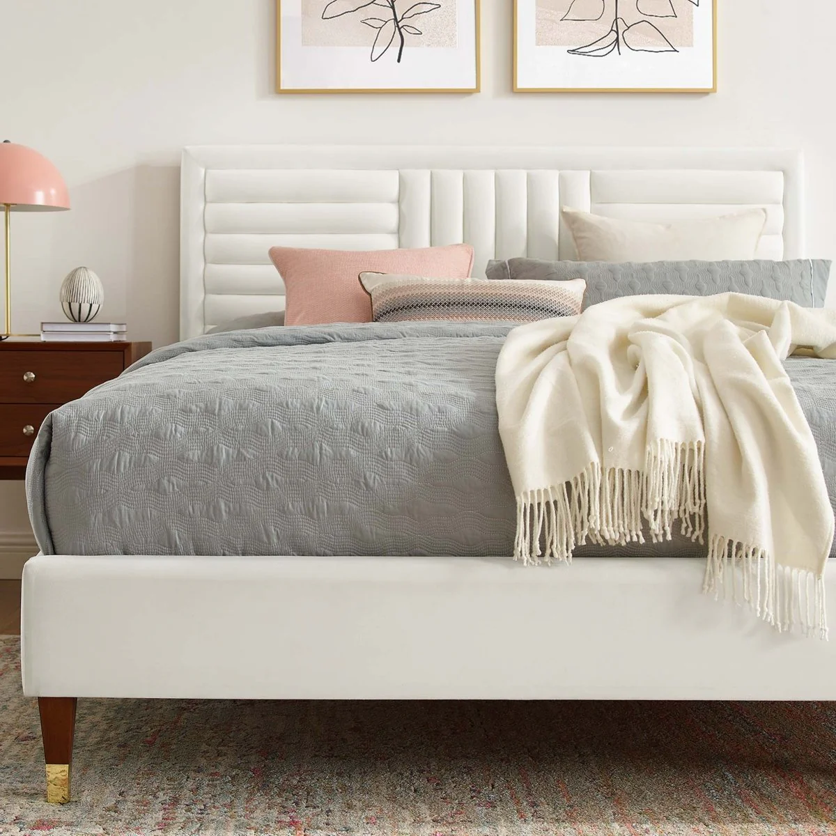 Channel Tufted Performance Velvet Platform Bed with Gold Detailed Wood Legs - Image 13