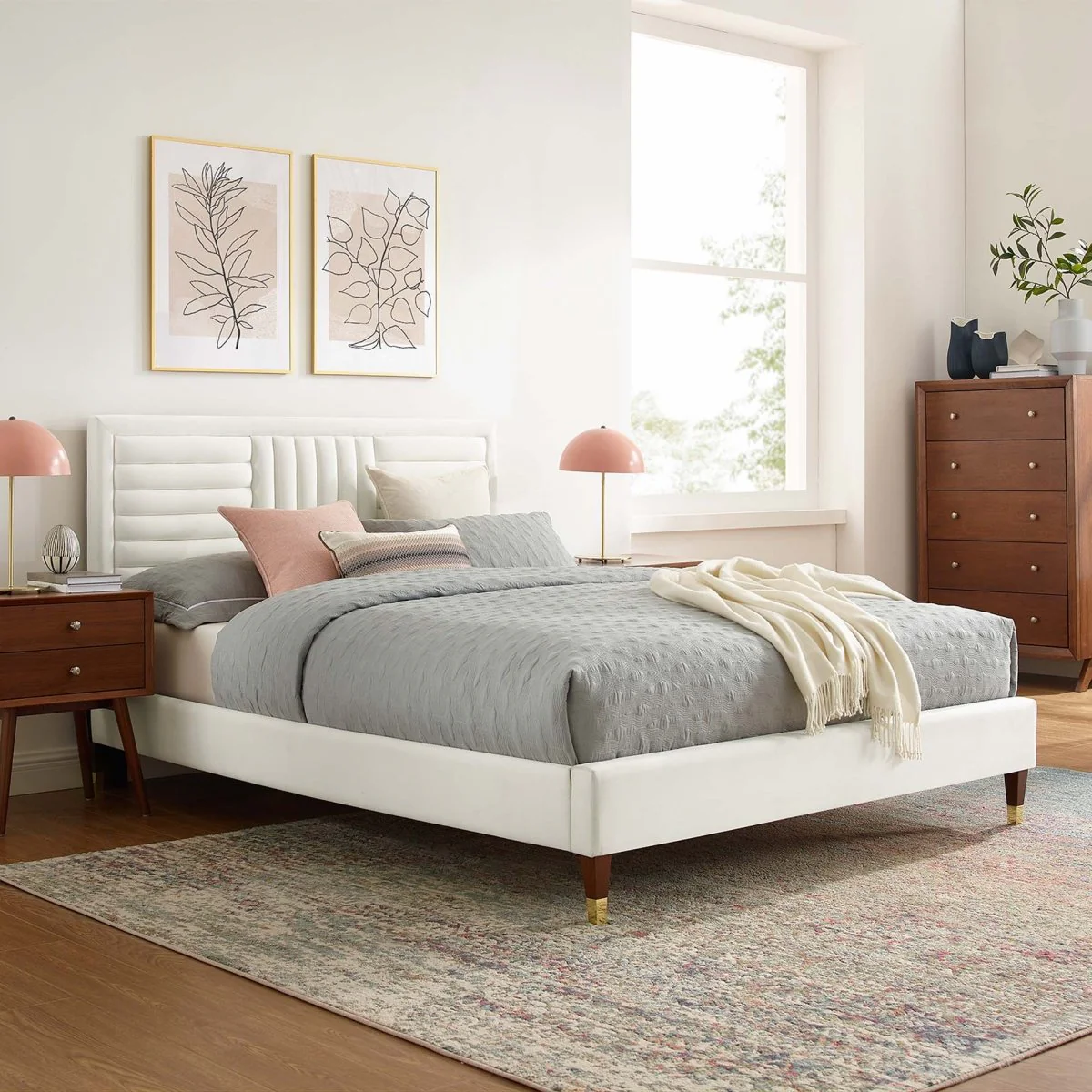 Channel Tufted Performance Velvet Platform Bed with Gold Detailed Wood Legs - Image 15