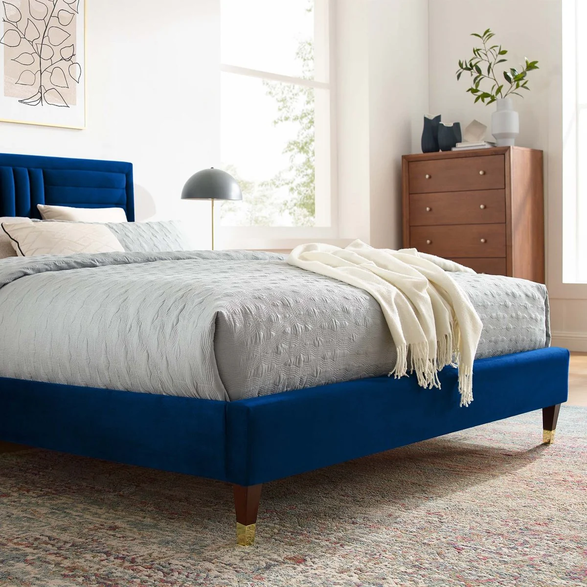 Channel Tufted Performance Velvet Platform Bed with Gold Detailed Wood Legs - Image 18