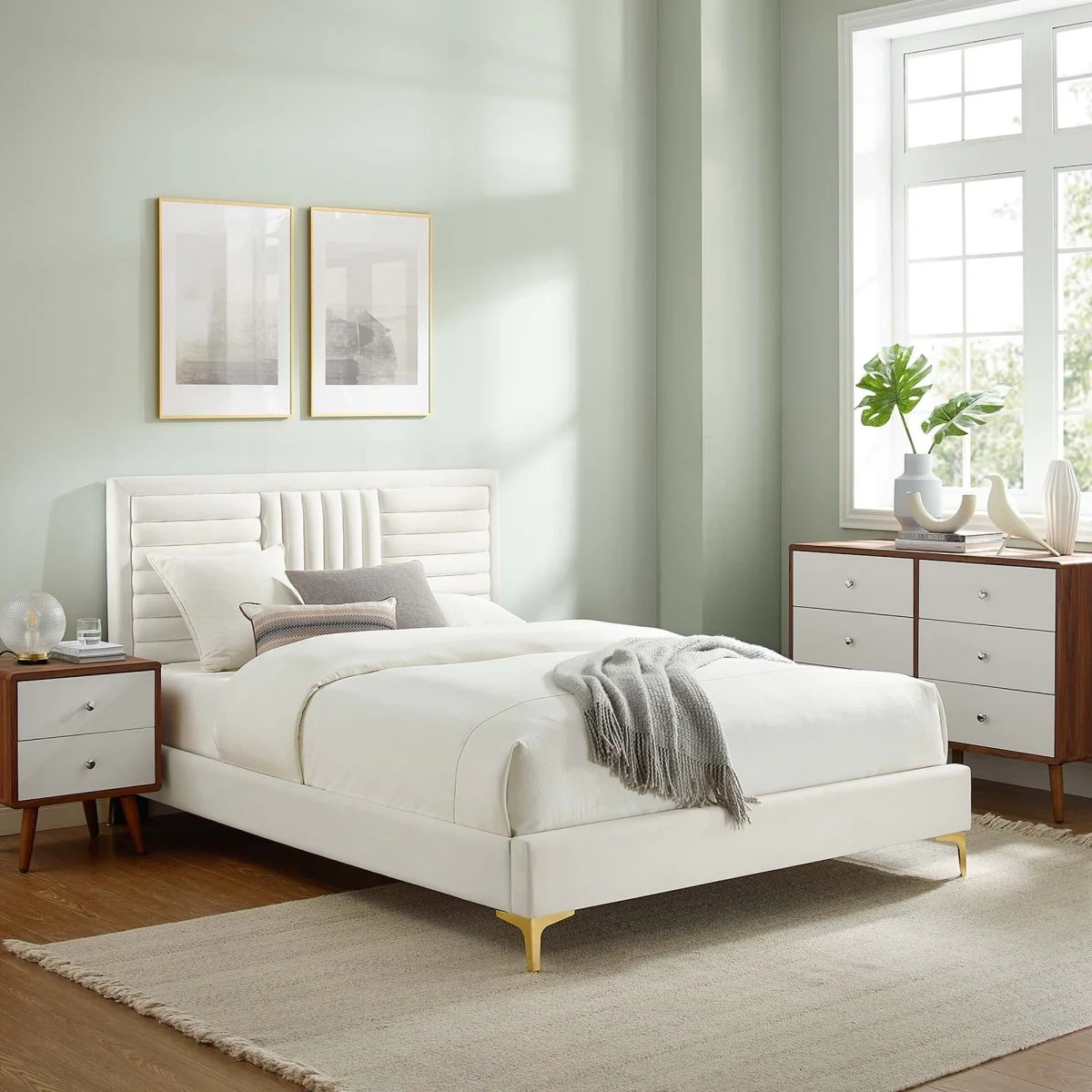 Channel Tufted Performance Velvet Platform Bed with Inset Border and Gold Legs - Image 15