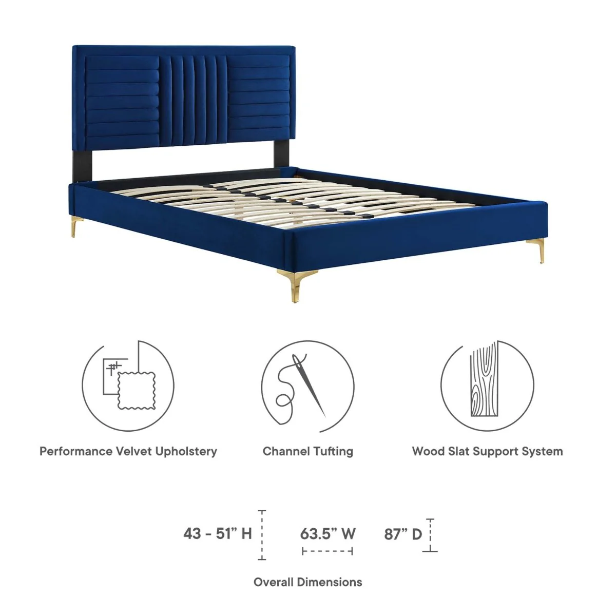 Channel Tufted Performance Velvet Platform Bed with Inset Border and Gold Legs - Image 7