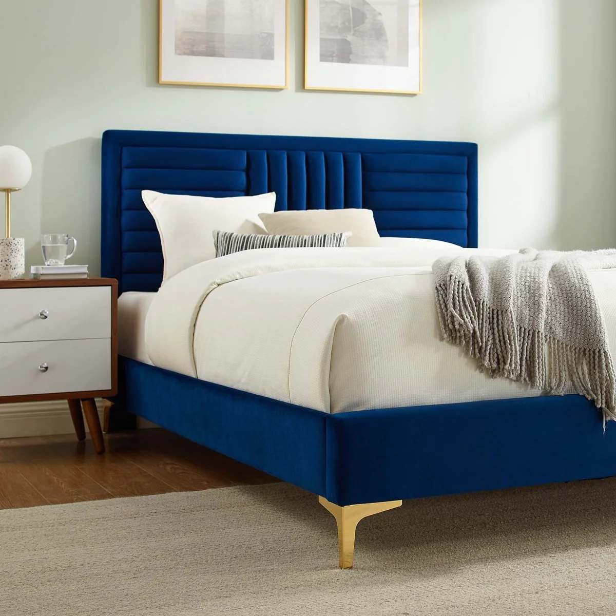 Channel Tufted Performance Velvet Platform Bed with Inset Border and Gold Legs - Image 8