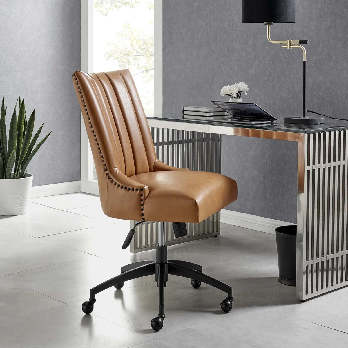 Channel Tufted Vegan Leather Office Chair with Nailhead Trim Accent for Home & Office - Image 18
