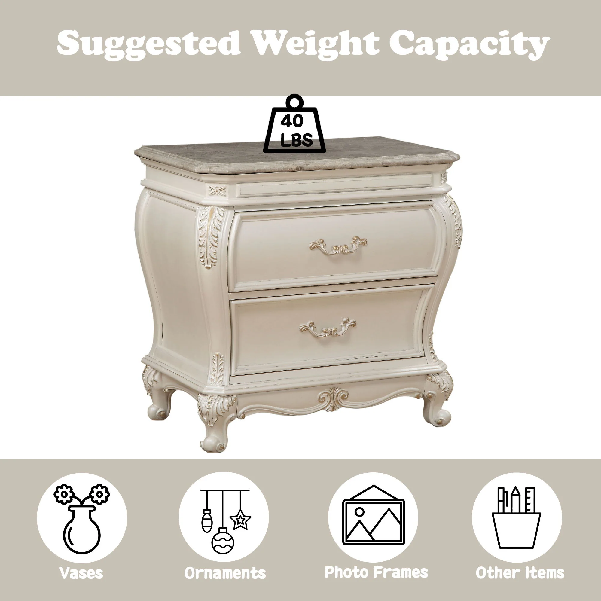 Chantelle - Nightstand With Granite Top - White - Image 5