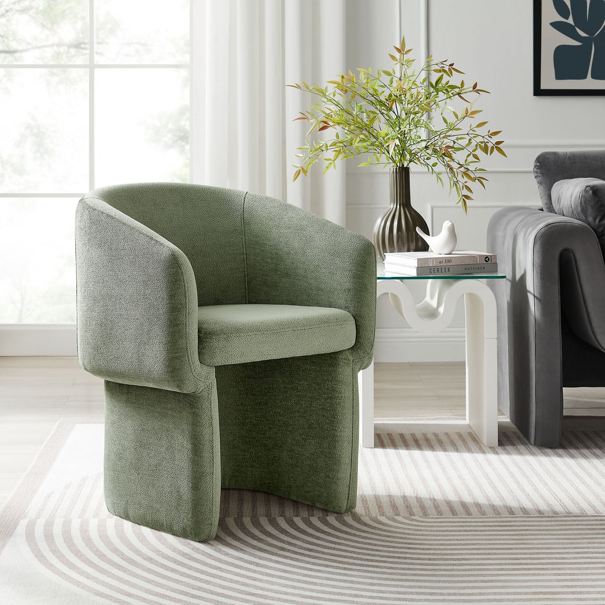 Chenille Barrel Dining Armchair with Curved Back - Image 10