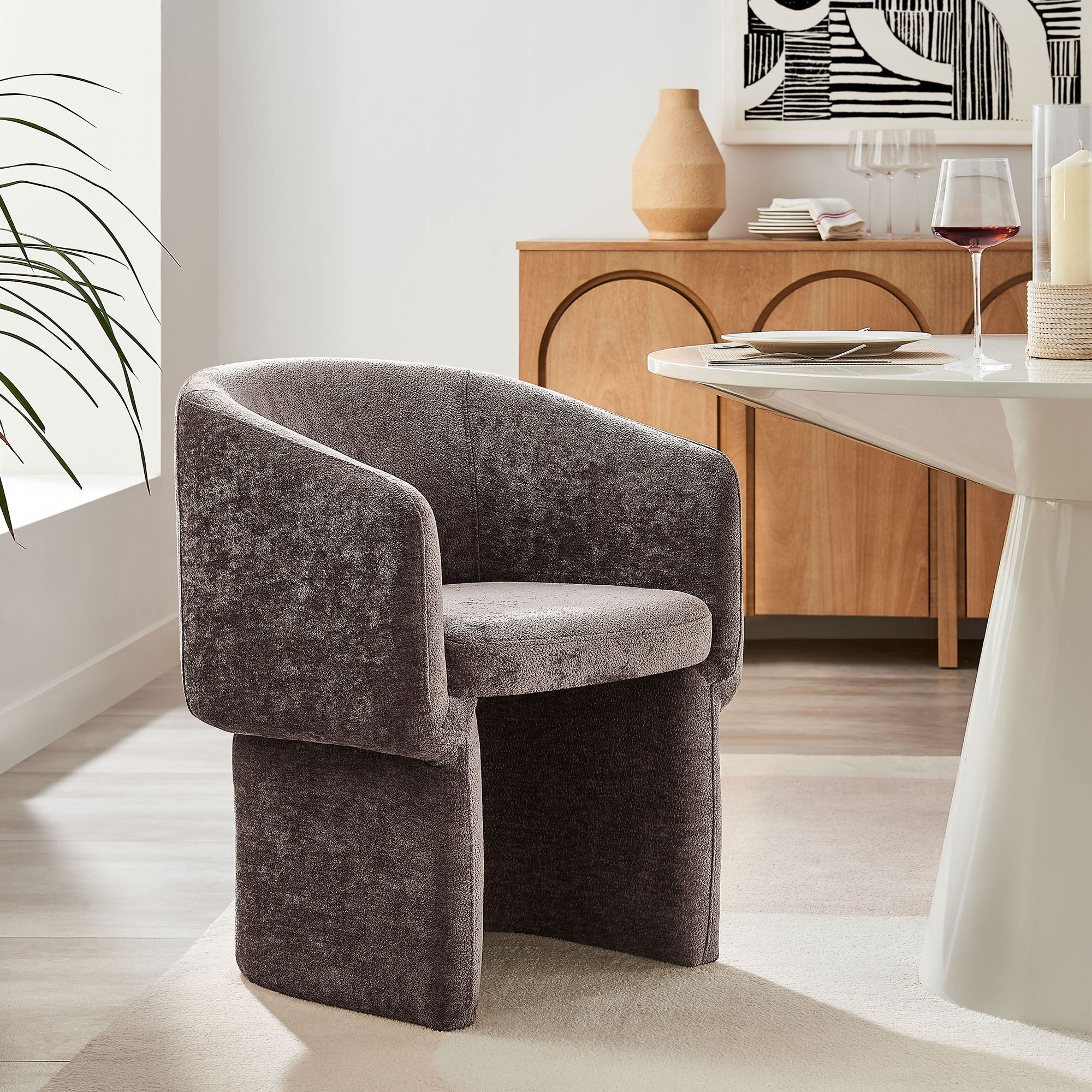 Chenille Barrel Dining Armchair with Curved Back - Image 26