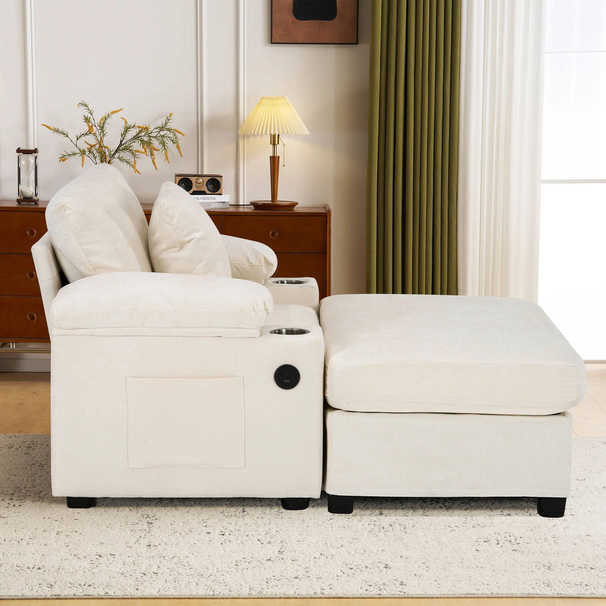 Fabric Sofa Bed With Cupholders And USB Charging Ports Chair For Living Room - Image 3