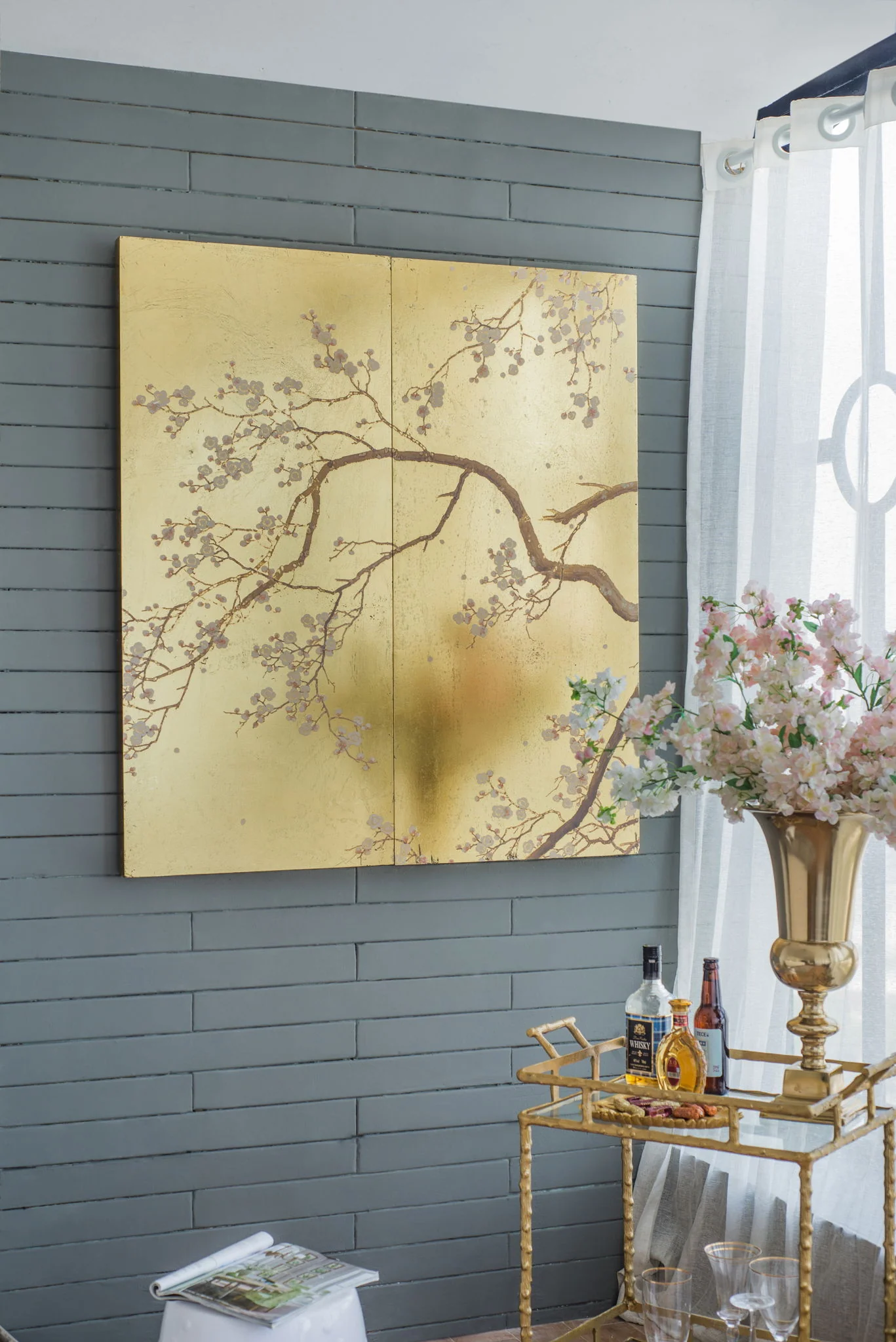 Cherry Blossom Wall Art Panels, Wall Decor For Living Room Dining Room Office Bedroom (Set of 2) - Gold - Image 2