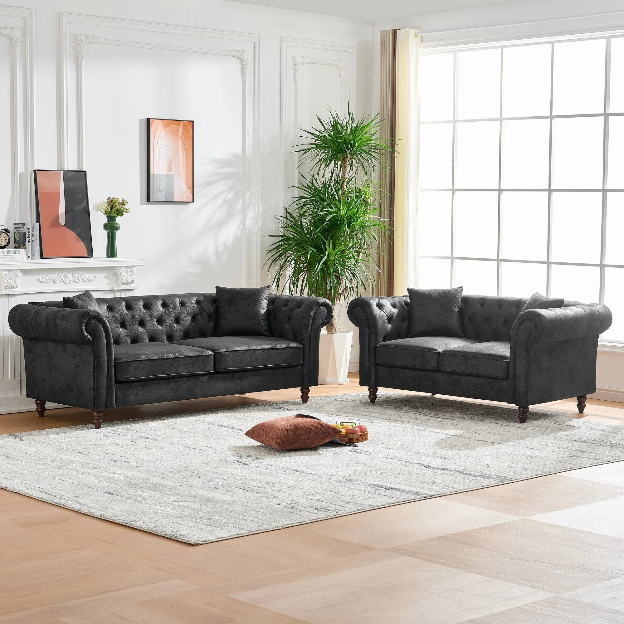 Chesterfield 3 And 2 Seater Sofa Set, High Tech Fabric Upholstered Couch For Living Room - Image 6