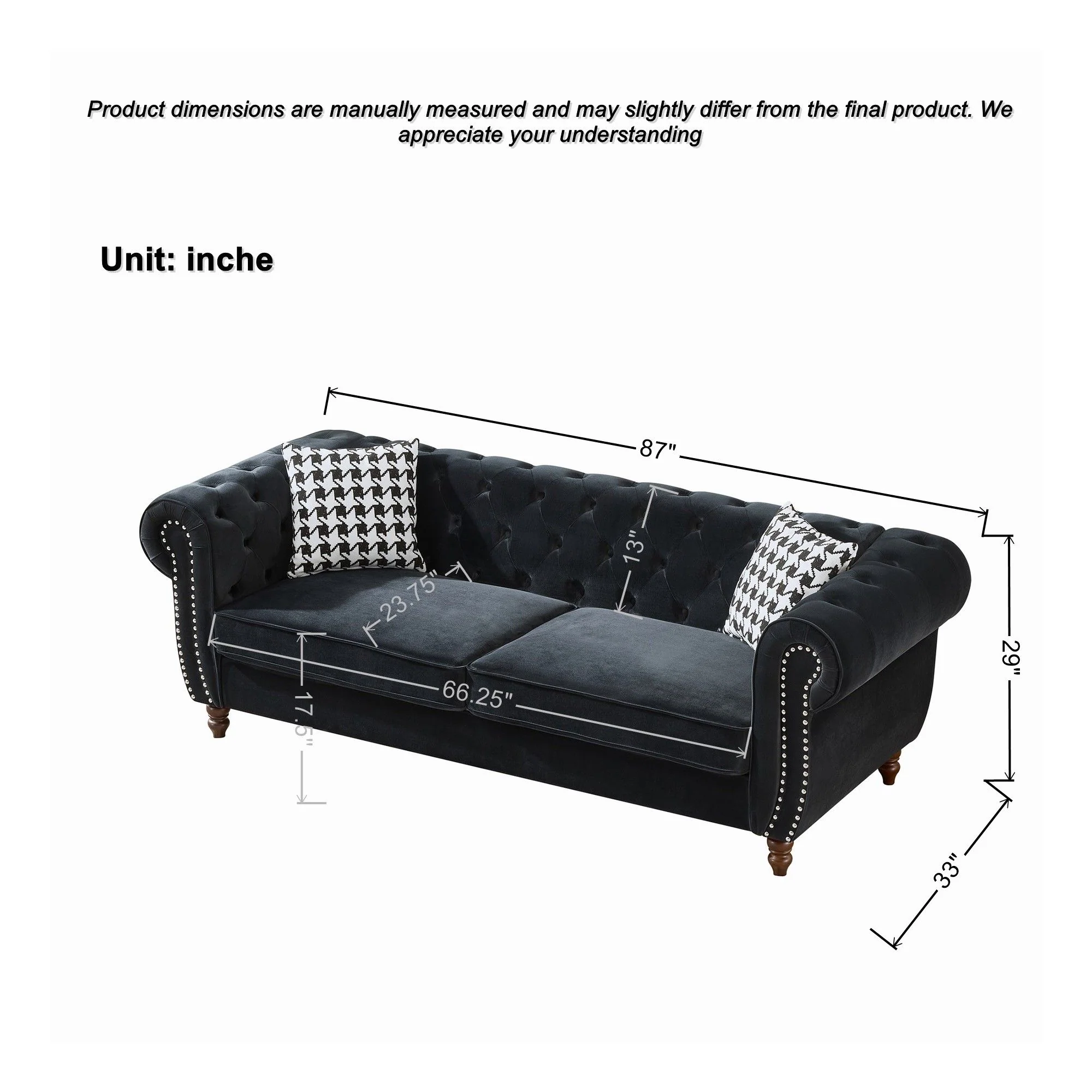 Chesterfield 3 And 2 Seater Upholstery Sofa With Roll Armrest & Nailhead Fabric Couch - Image 3