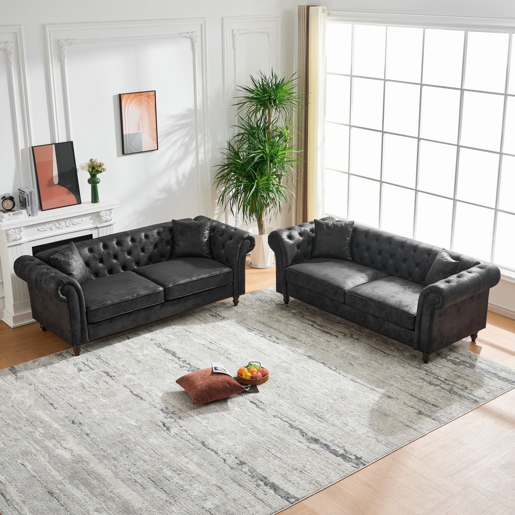 Chesterfield 3 And 3 Seater Sofa Set High Tech Fabric Roll Armrest Upholstered Couch - Image 2