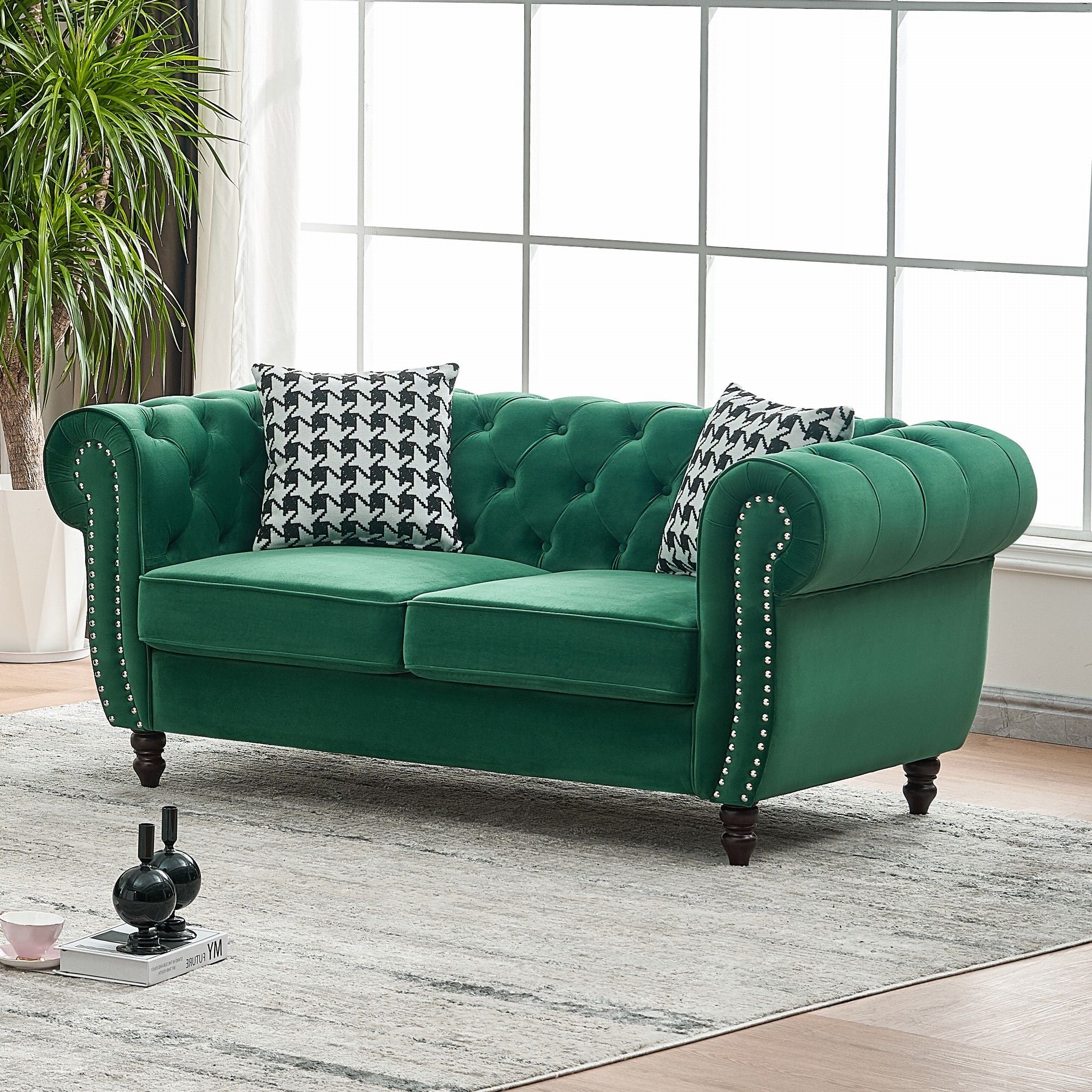 Chesterfield Fabric Sofa With Roll Armrest And Nailhead, Mid Century 2 Seater Couch - Image 3